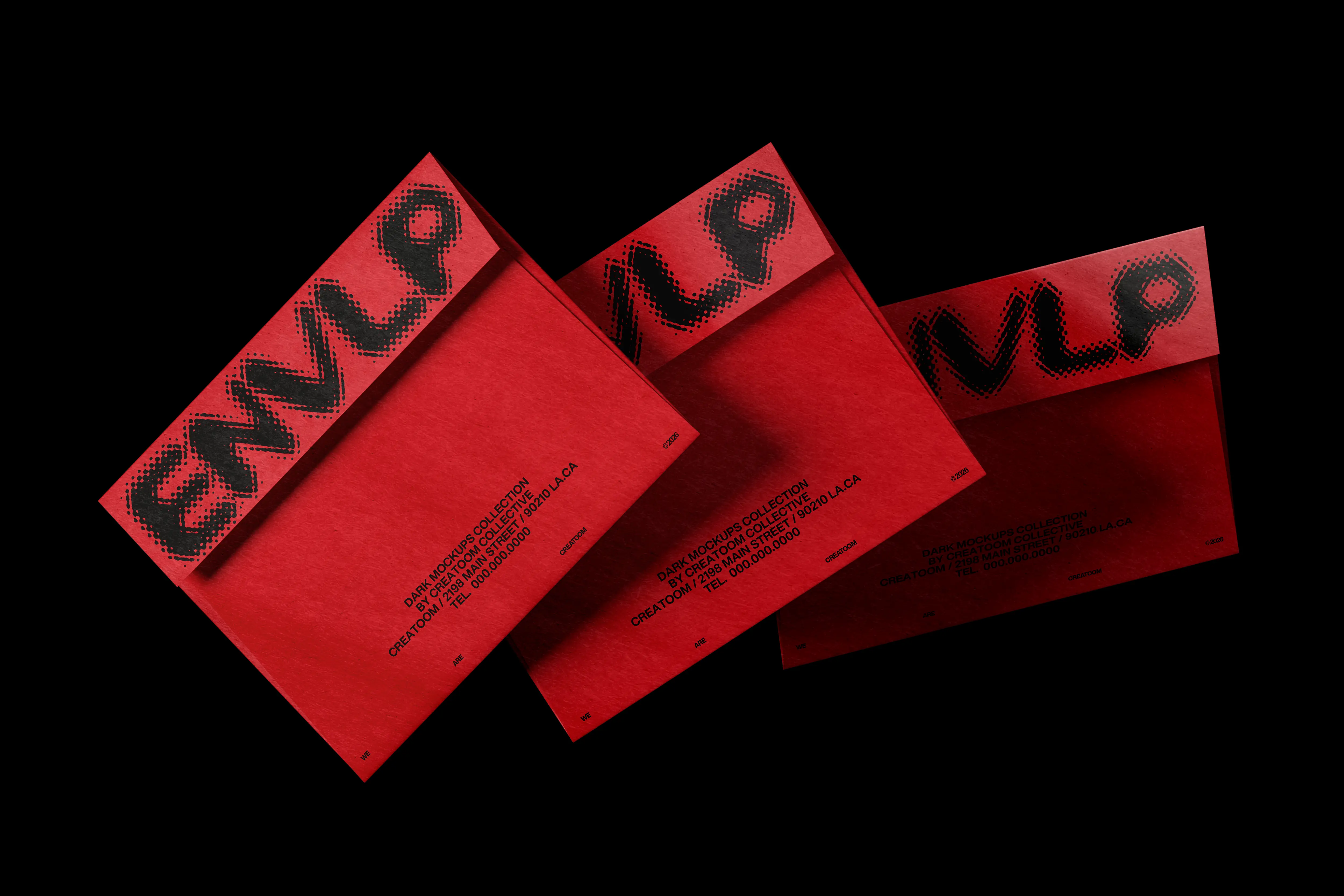 Red envelopes with bold black halftone typography arranged on black background