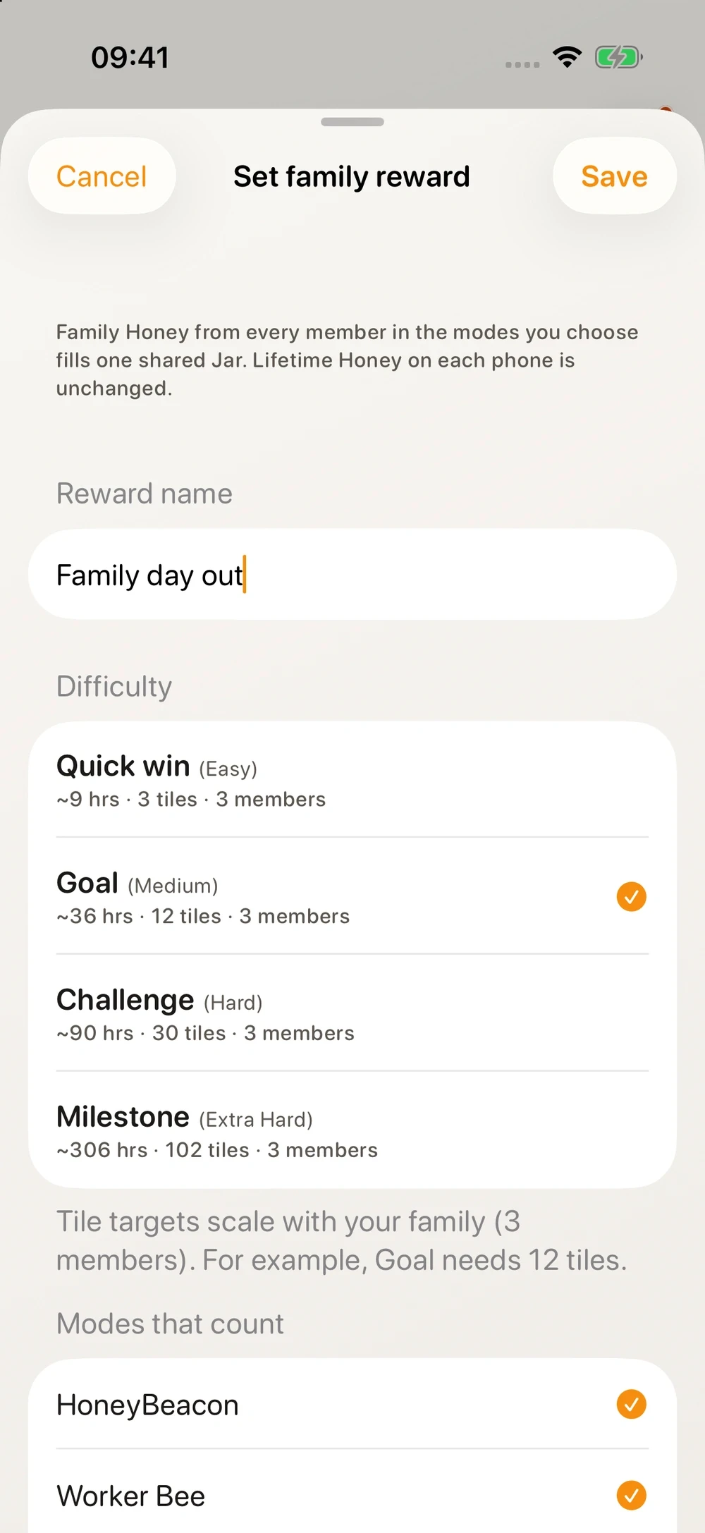 Actual HoneyBeacon app showing a family day out reward