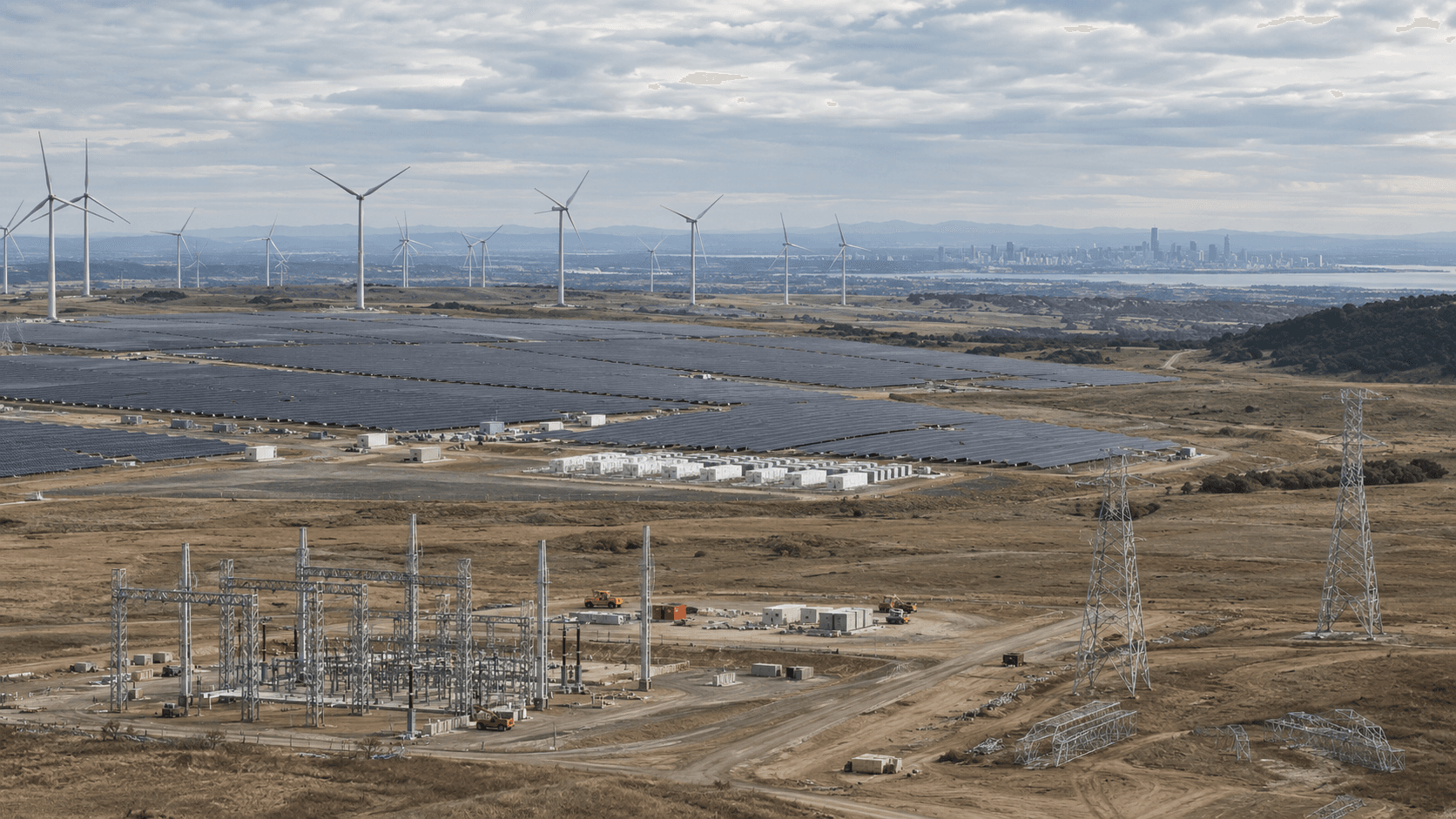 Renewable generation, transmission infrastructure and a distant city share one landscape.