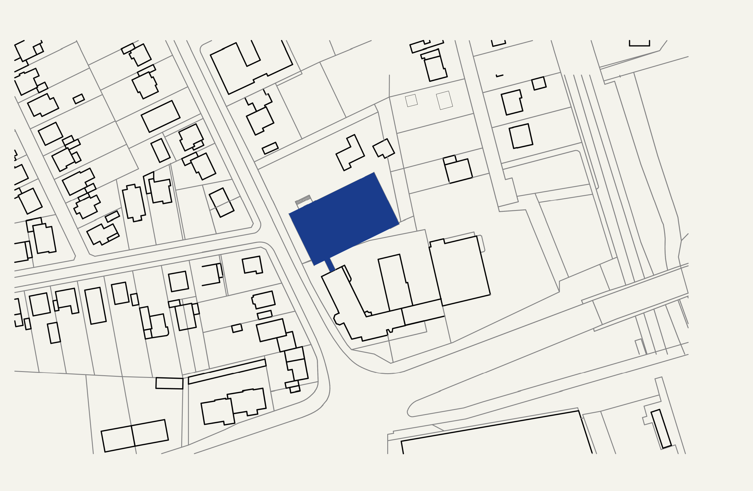 Isometrische Zeichnung eines Bauprojekts mit mehreren Gebäuden und markierten Strukturen in Rot