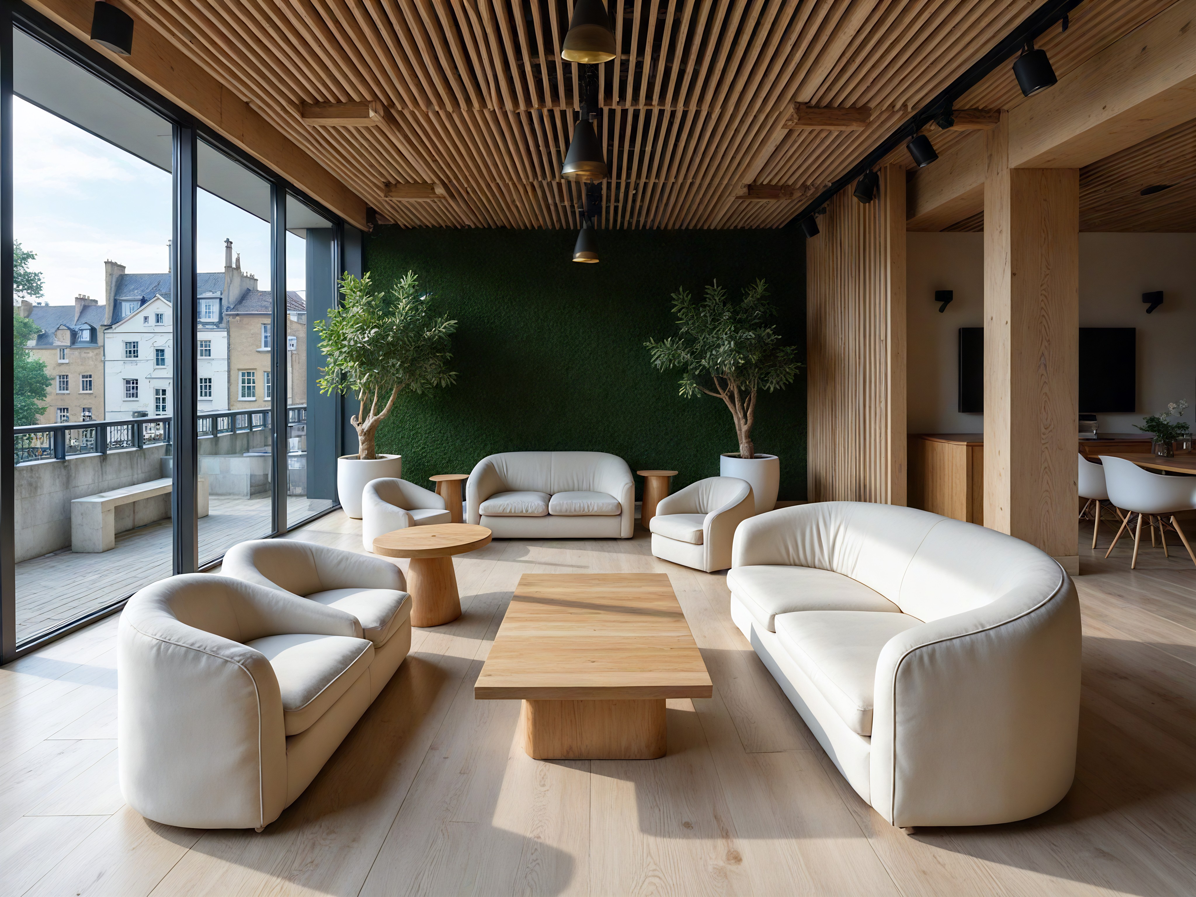 A classic and elegant bedroom with off-white walls features decorative grey raised panels and intricate ceiling moldings. In the left corner, an off-white bedside table with a curved top and three grey drawers with gold-colored handles sits, holding a large grey vase-style lamp with an off-white shade and a glass vase with small stems of tiny buds. In front of the curved, raised wall panel to the right is an off-white double-sized winged upholstered bed with light-colored bedding and beige cushions. At the foot of the bed is an ornate gold-colored and off-white upholstered bench.  A large square-shaped grey rug sits under the bed. In the far wall, between a raised panel on the left and a large, mullioned window is a white wooden door with two panels and round, gold-colored handles. To the right of the window, against the wall, is a large dark-grey vase with a healthy green plant. Sunlight streams in through the window, illuminating the room.