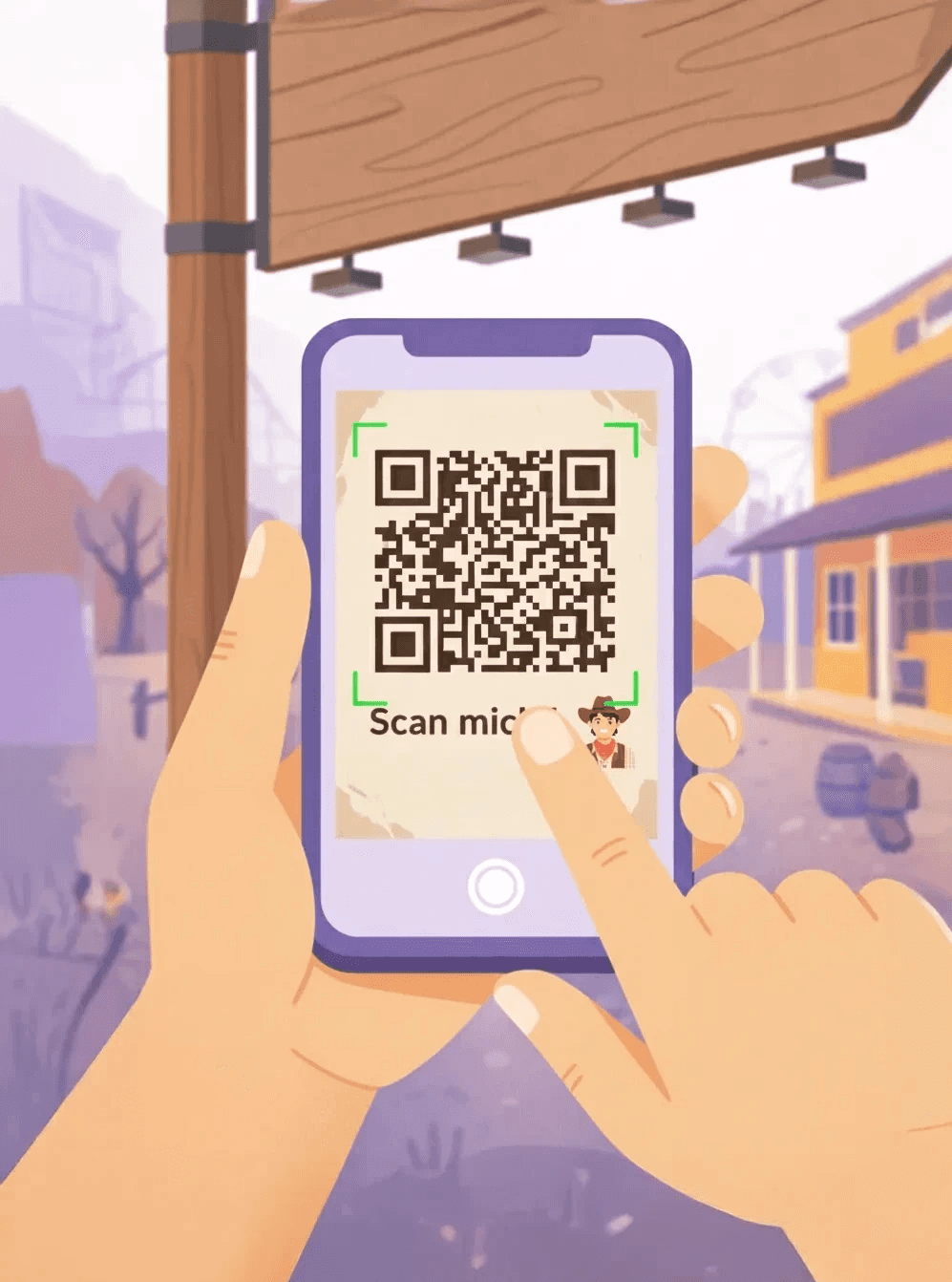 Person scannt einen QR-Code mit dem Smartphone, um eine digitale Park-Erfahrung zu starten