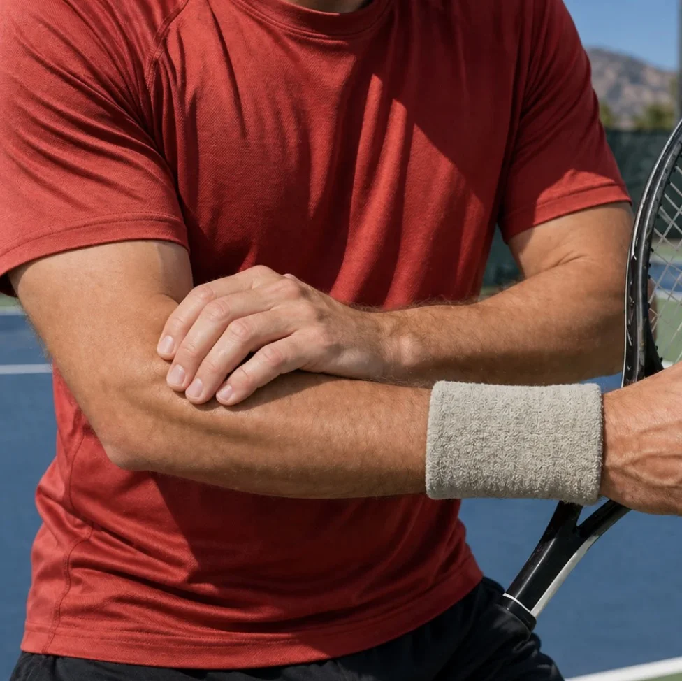 Male patient holding his shoulder in pain before chiropractic treatment in Draper, Utah clinic