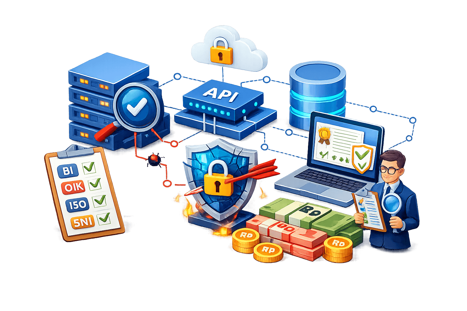 Ilustrasi kepatuhan regulasi, keamanan API, dan perlindungan data keuangan end‑to‑end. Di tengah, modul API terhubung ke cloud bergembok, server, dan database melalui jalur jaringan biru, menandakan integrasi aman. Di kiri, clipboard checklist dengan tanda centang BI, OJK, ISO, dan SNI serta kaca pembesar menggambarkan audit dan kepatuhan.  Di bawah tengah, perisai bergembok melambangkan kontrol keamanan inti. Di kanan, laptop menampilkan sertifikat/approval dengan ikon perisai, sementara seorang auditor memegang clipboard verifikasi. Tumpukan uang dan koin Rp merepresentasikan aset yang dilindungi. Visual menegaskan governance, compliance, API security, dan perlindungan aset finansial yang terintegrasi dan tervalidasi.