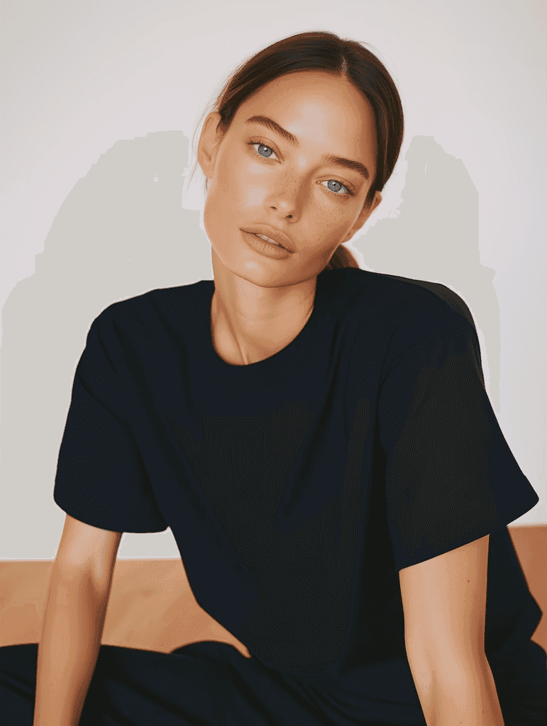 A woman with light skin and blue eyes leans slightly forward, wearing a black T-shirt. Her expression is calm, with a soft, neutral background.