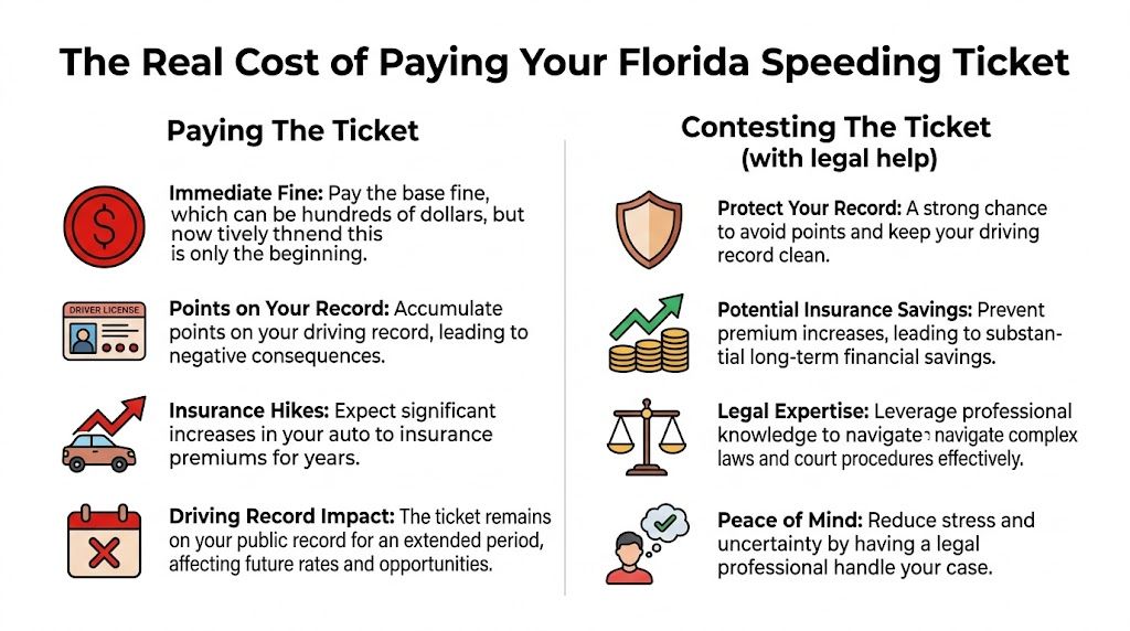 A comparison infographic showing the negative consequences of paying a Florida speeding ticket versus benefits of contesting.