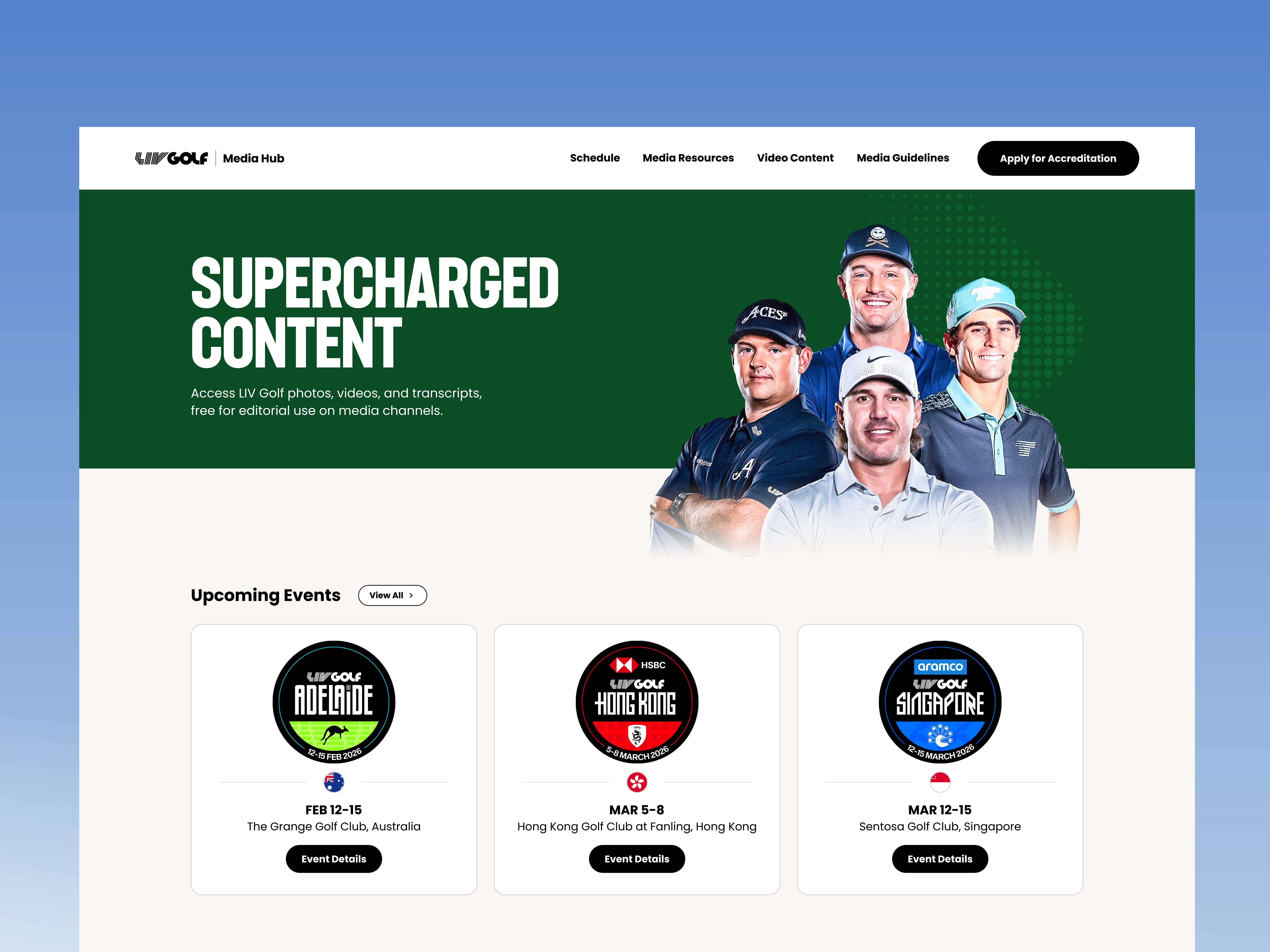LIV Golf Media Hub homepage providing access to tournaments, media resources, video content, and accreditation workflows.
