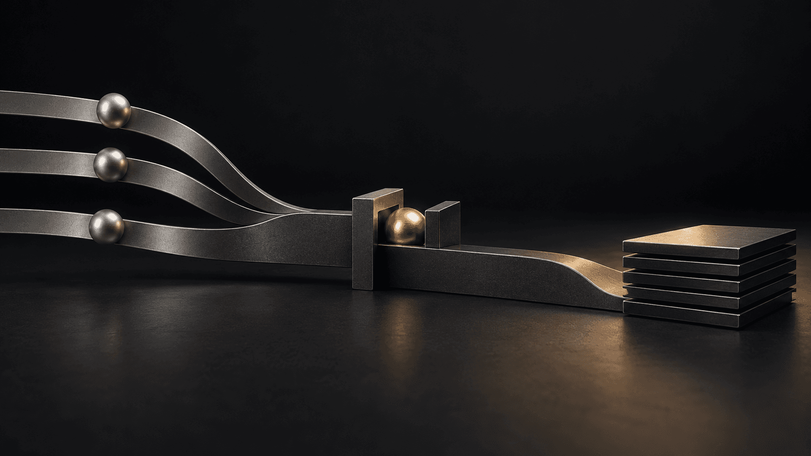 Three silver signal tracks converge at a gold review gate and continue toward a stack of graphite matter plates.