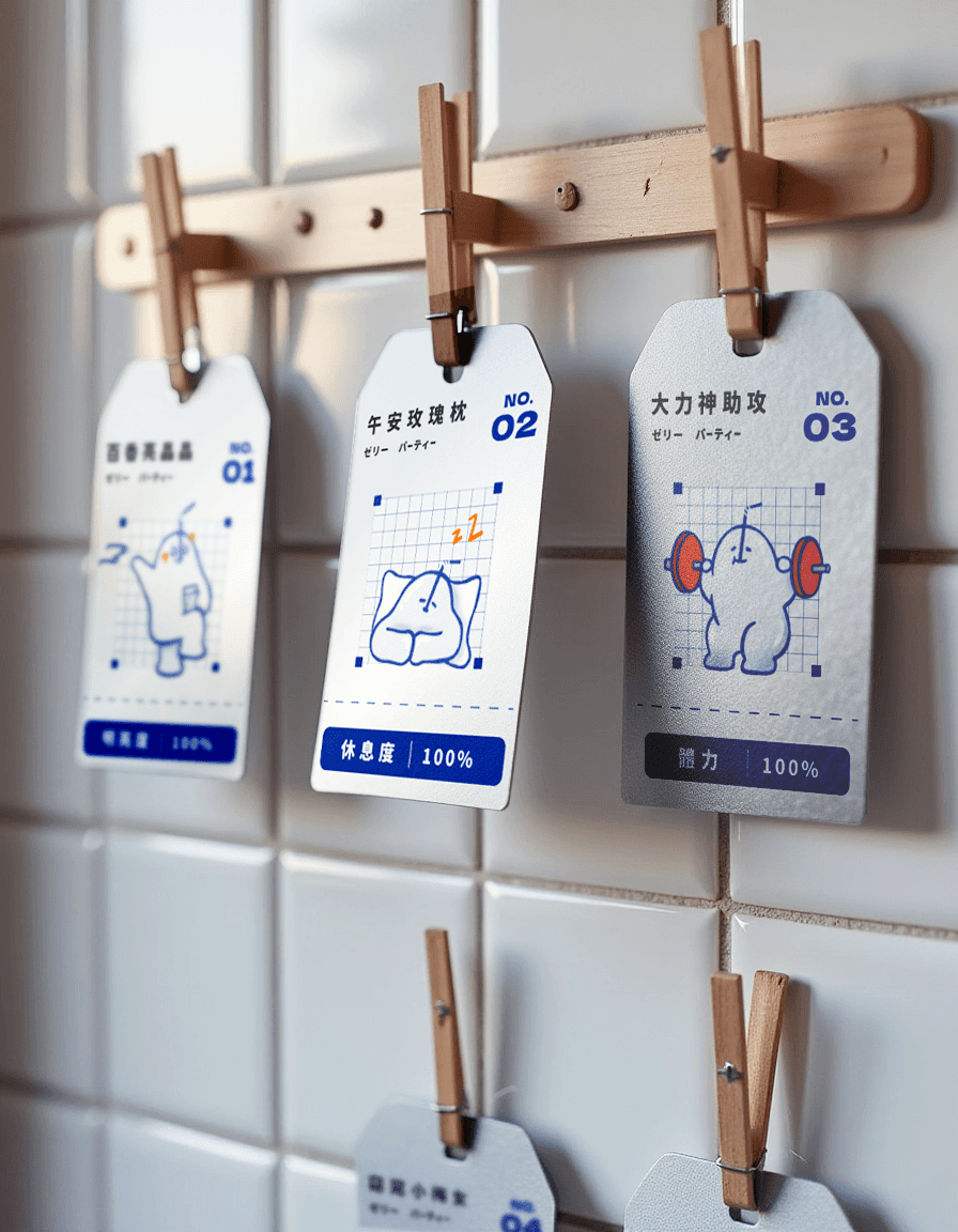 IP果凍人角色標籤設計，藍白配色飲料店裝飾，趣味機能飲料功效展示，保養眼睛飲品視覺設計，年輕化品牌形象