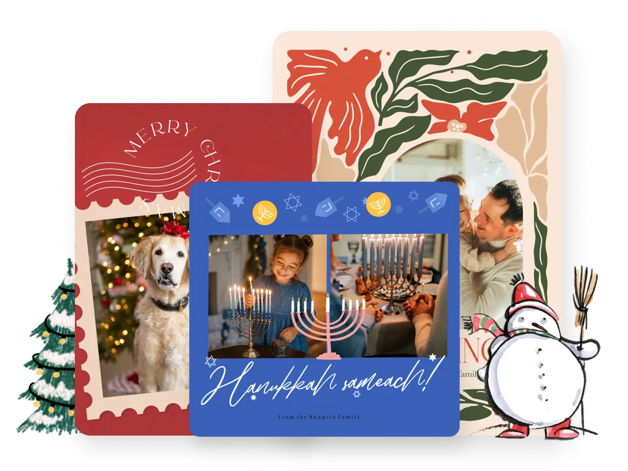 Three holiday cards with family photos, a snowman, and a Christmas tree illustration