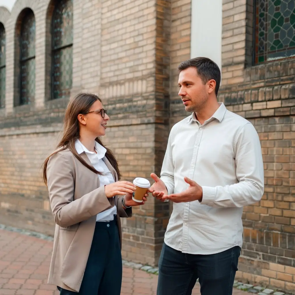 Rozhovor muže a ženy s kávou v ruce, ilustrující rovnocenné partnerství, otevřenou komunikaci a hledání společné řeči.