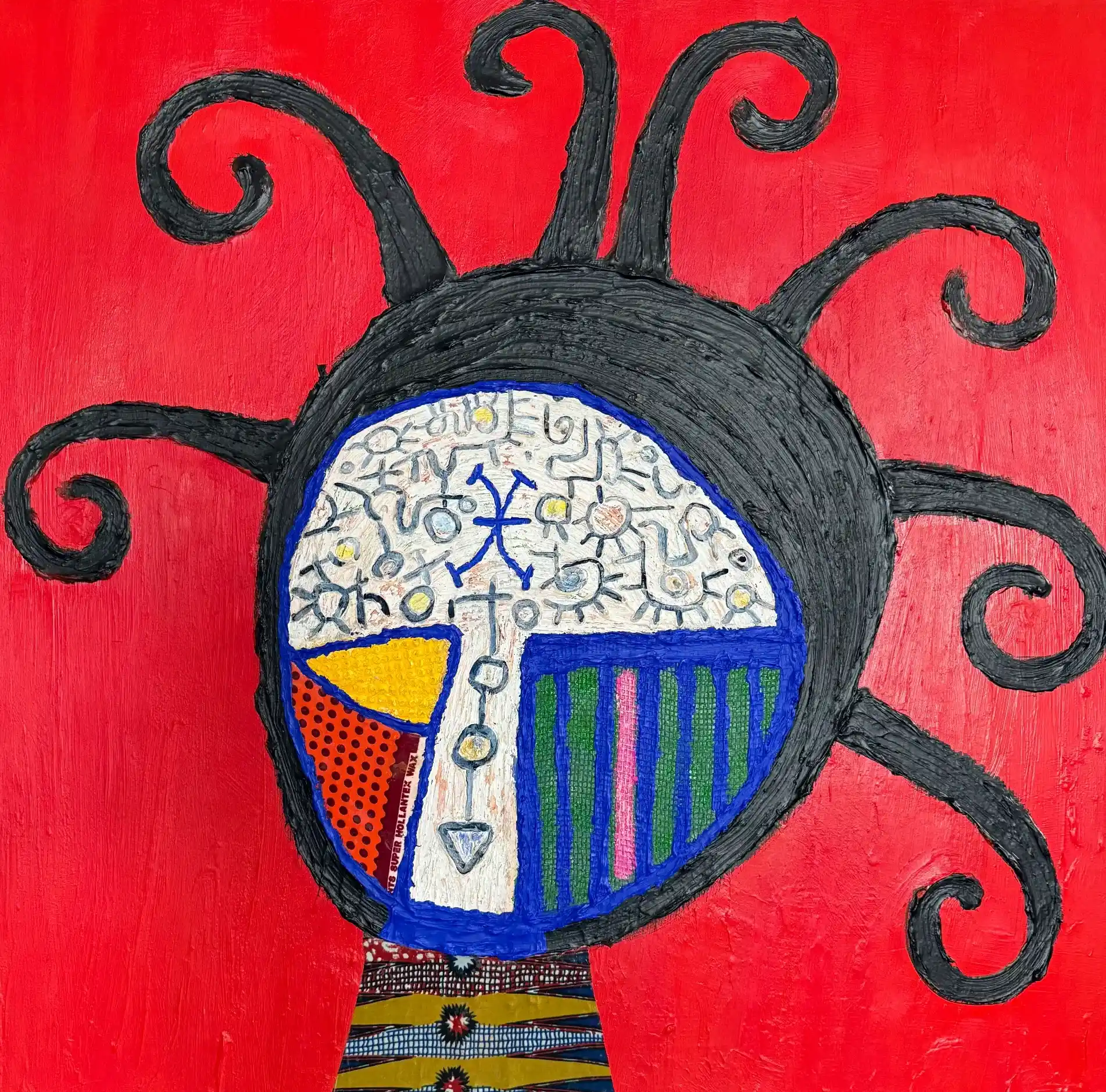 Eyen Ekoi (Ekoi Girl), c.2025 Acrylic and cloth on board. Size: 43 x 43”