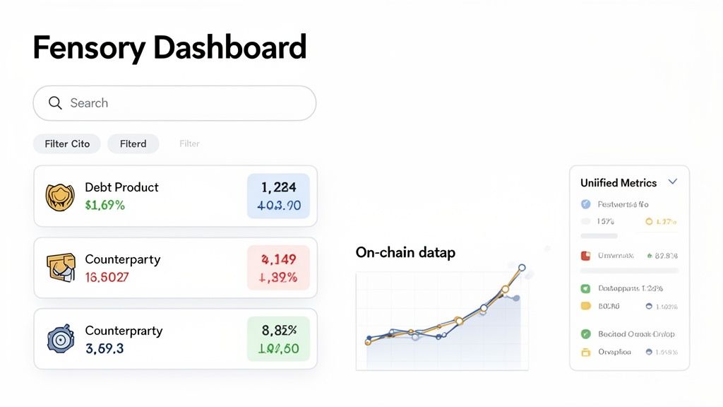 A Fensory Dashboard displaying debt products, counterparties, on-chain data, and unified metrics.