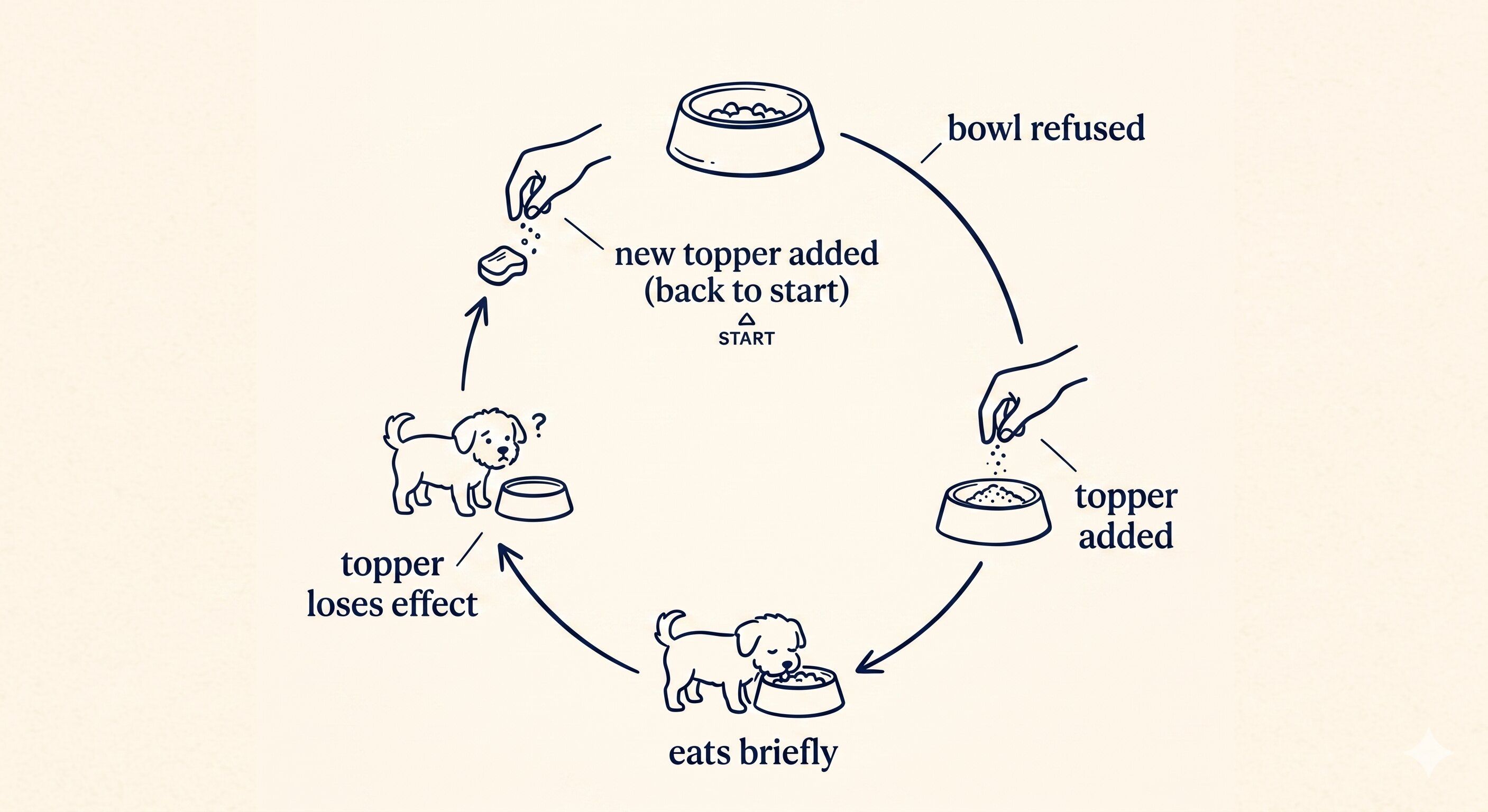 Circular line-art diagram showing the topper escalation loop: bowl refused, topper added, eats briefly, topper loses effect, new topper added — showing how a dog getting used to each topper turns into a closed cycle.