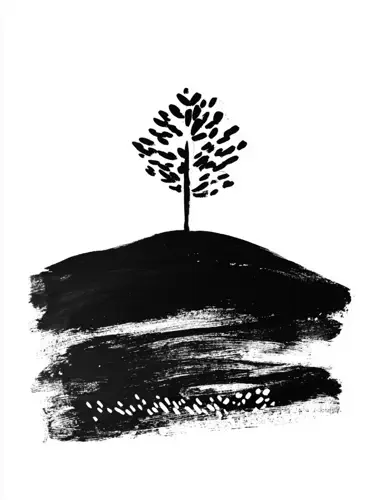 Black brush illustration of a tree on a hill