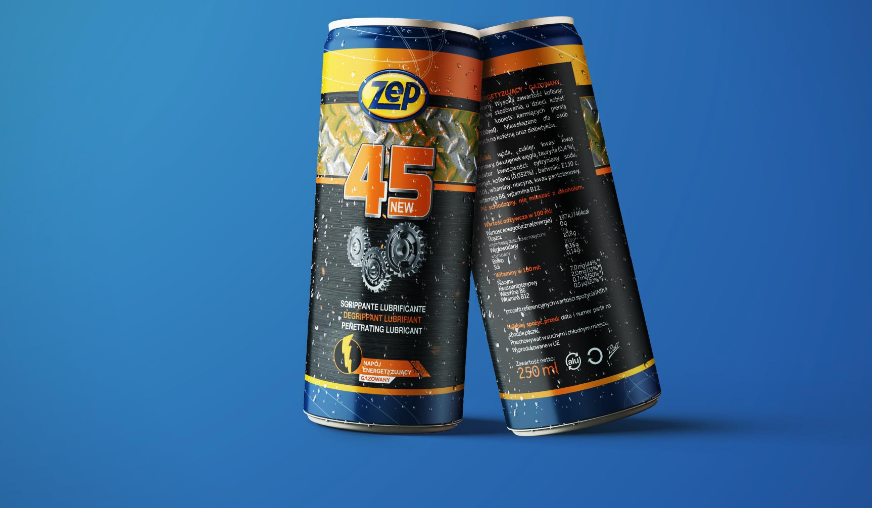 Projekt opakowania (packaging design) napoju energetycznego ZEP – wizualizacja 3D puszki.