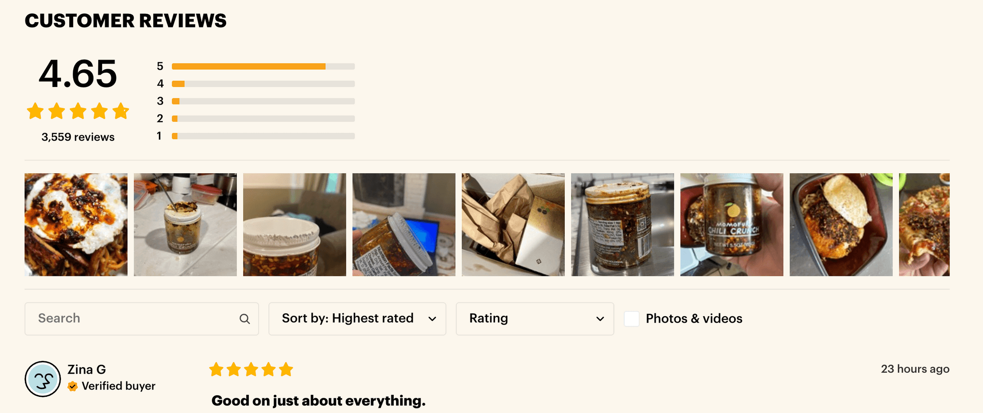 Reviews on the PDP for Momofuku's Chili Crunch - desktop view