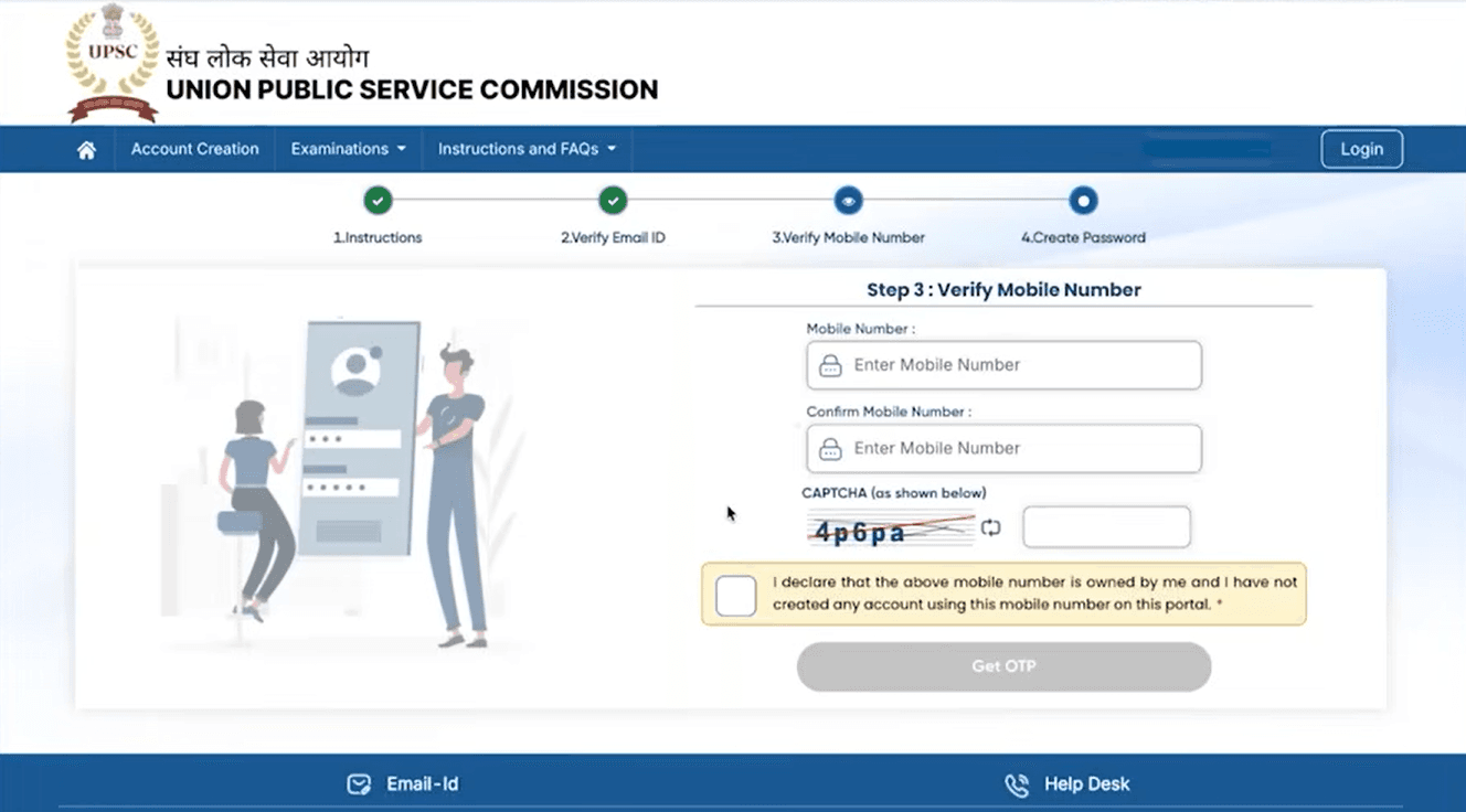 UPSC OTR mobile number verification page with fields to enter mobile number, captcha, and get OTP