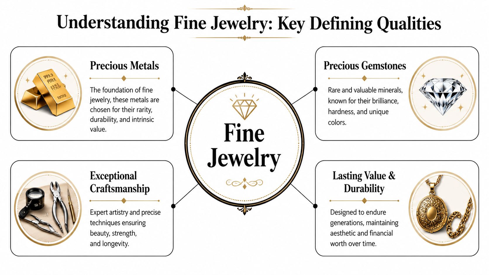 An infographic titled Understanding Fine Jewelry, detailing its four core qualities: precious metals, gemstones, craftsmanship, and durability.