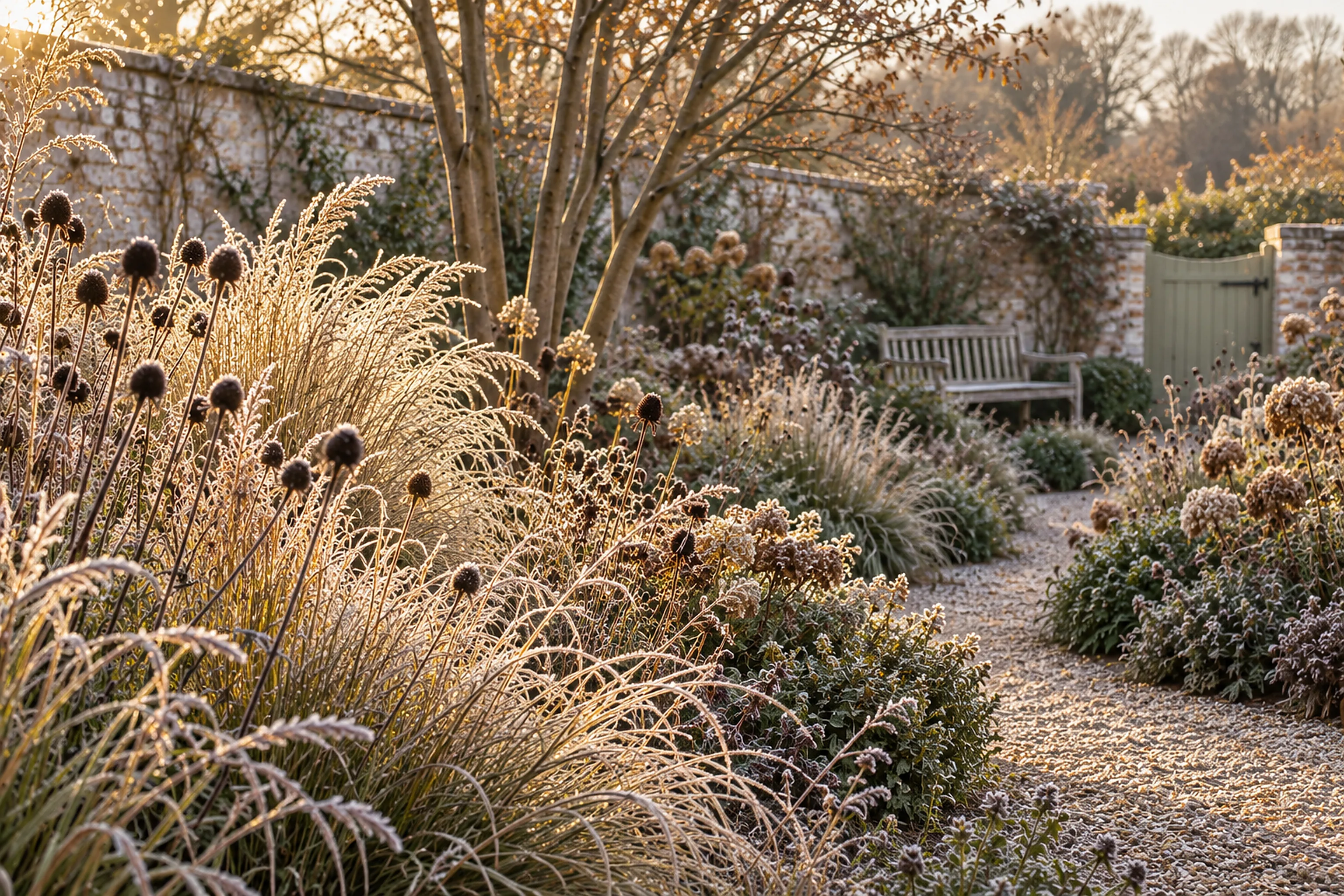Standing seedheads and straw-coloured grasses in a walled garden in late light.