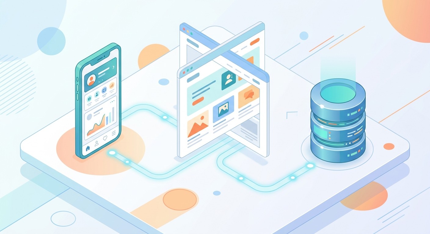 Illustration of a mobile app, a website, and a database built with the CatDoes AI app builder
