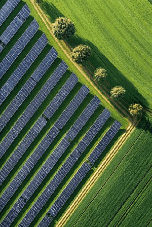 A Solar Panel Farm on a green fields.