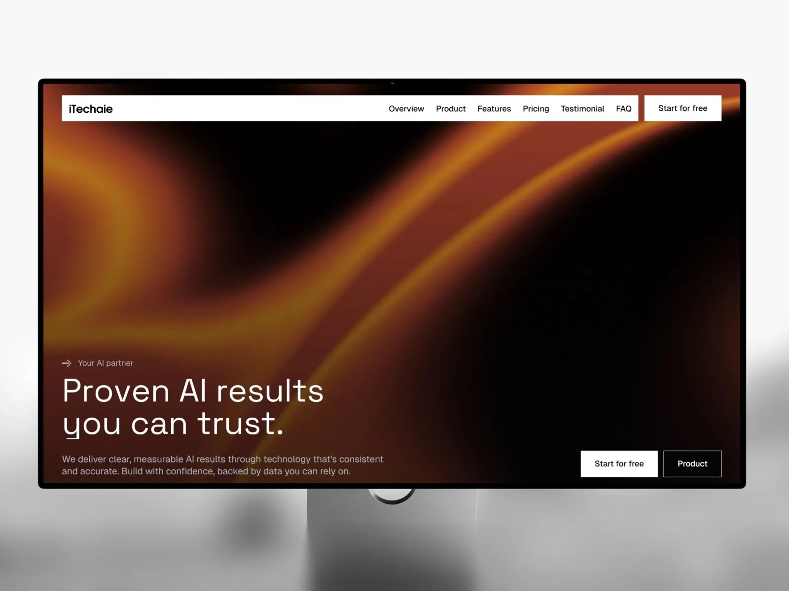 Monitor displaying website with fiery abstract background and navigation menu.