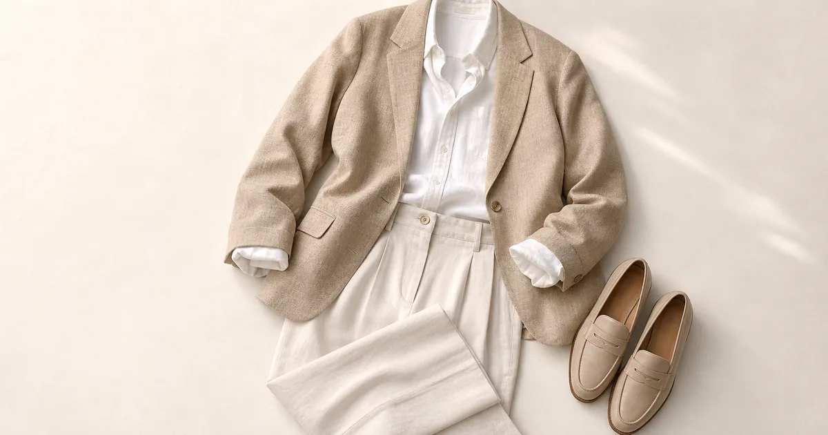 Hero garment beside a phone showing a matching outfit for spring capsule wardrobe on a warm ivory background