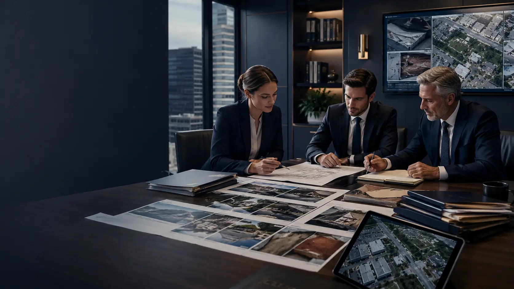 Attorneys and professional advisors reviewing property photographs, aerial imagery, building plans, and documentation in a modern conference room.