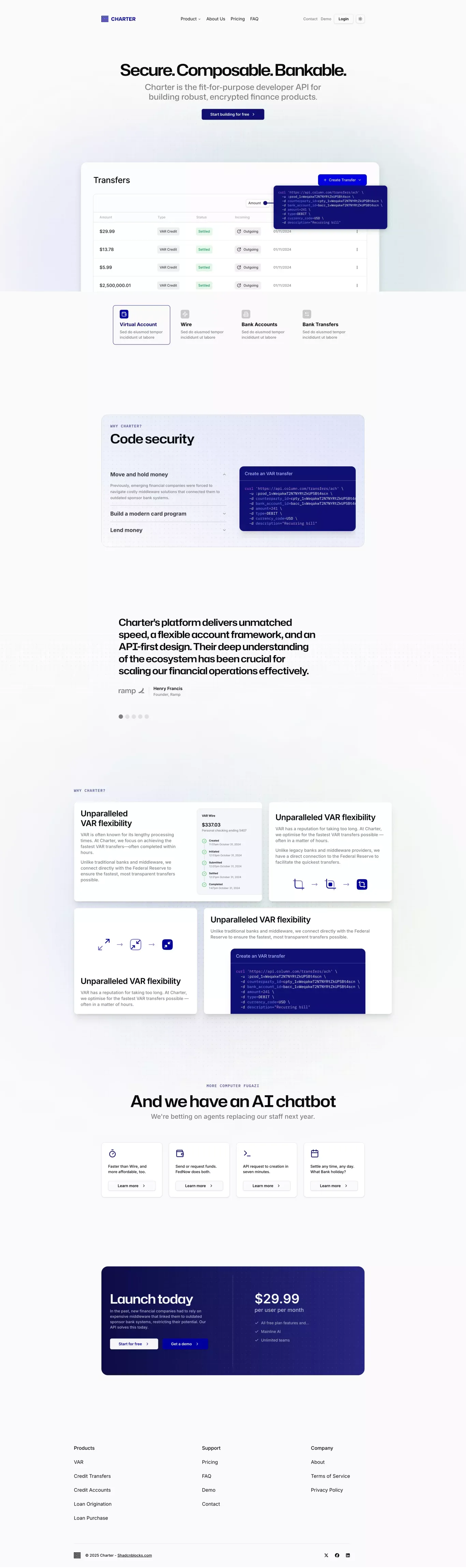 Charter - Modern Next.js Template landing page screenshot showcasing Finance and Tech design