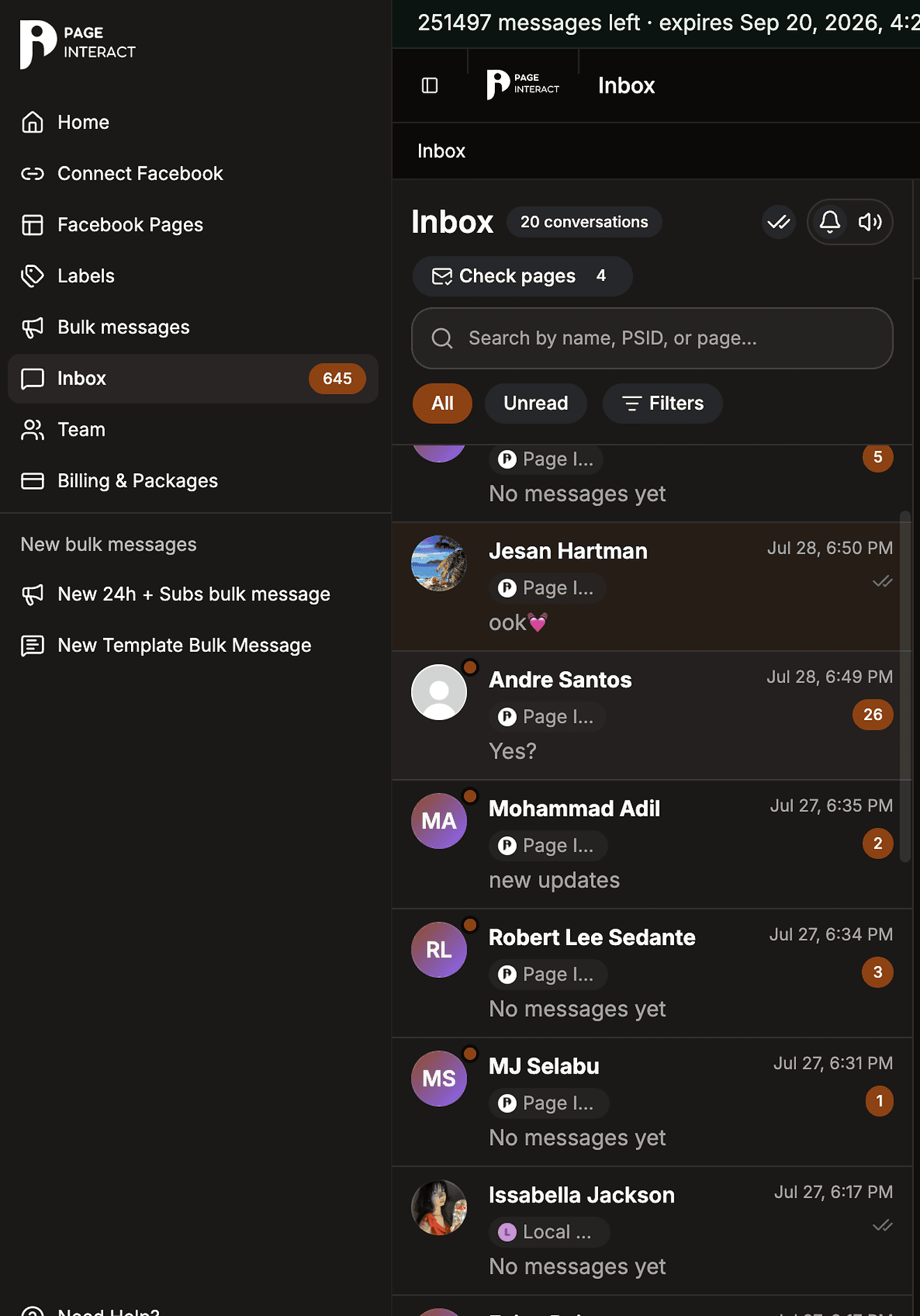 Page Interact Unified Inbox showing conversations from several Facebook Pages in one list, with unread counts and the sidebar Inbox badge.