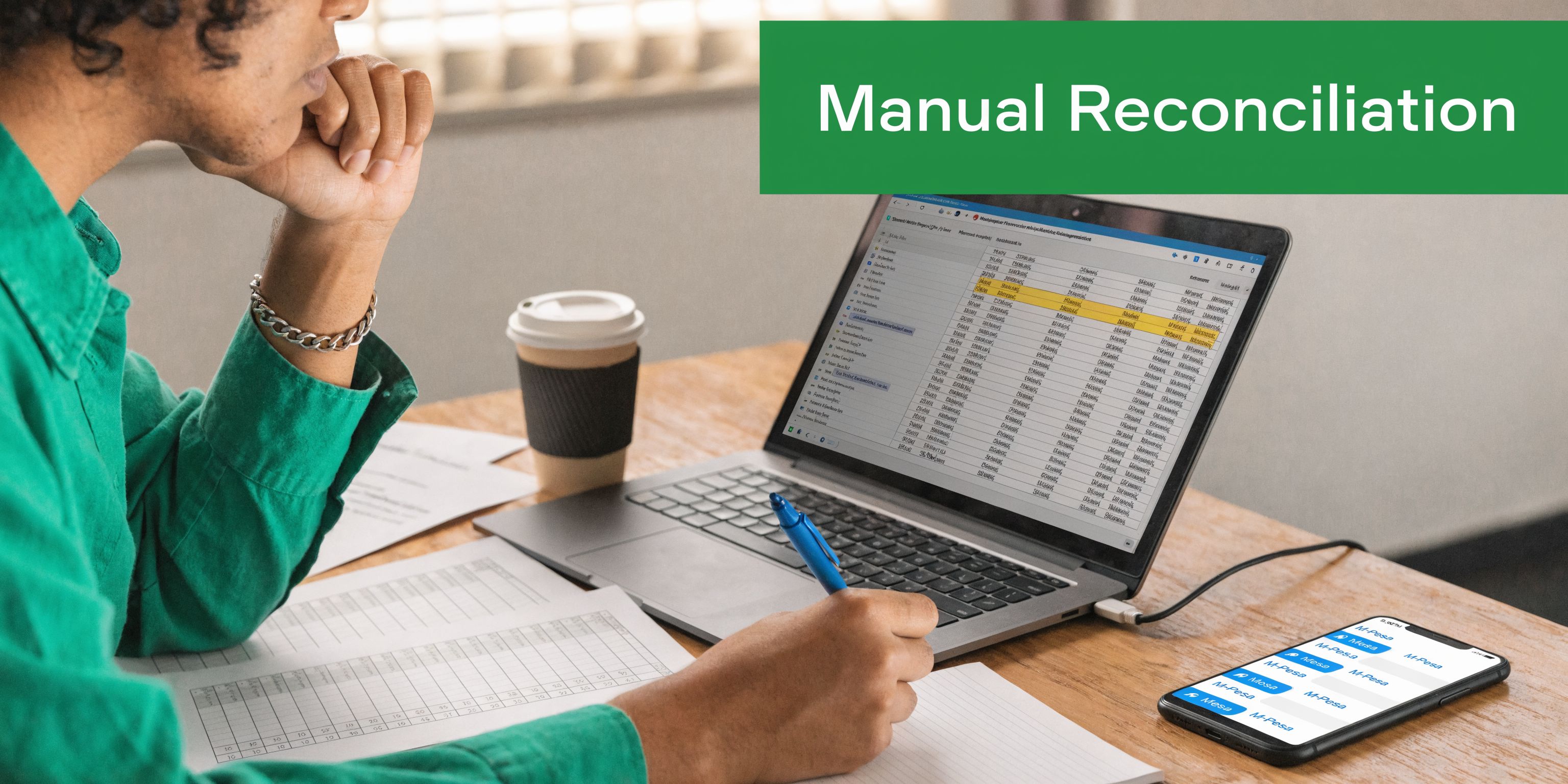 A person in a green shirt works on manual accounting reconciliation with a laptop and smartphone.