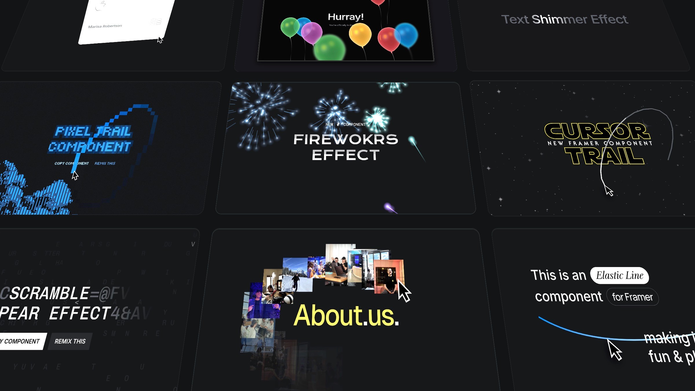 A collection of animated effects displayed on dark tiles, including pixel trails, balloons, fireworks, cursor trails, scrambled text, a photo mosaic, and dynamic lines, highlighting various interactive components in a UI design tool