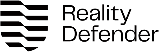 Reality Defender logo featuring a black shield design with horizontal lines to the left and the company name in bold text to the right, set against a transparent background.