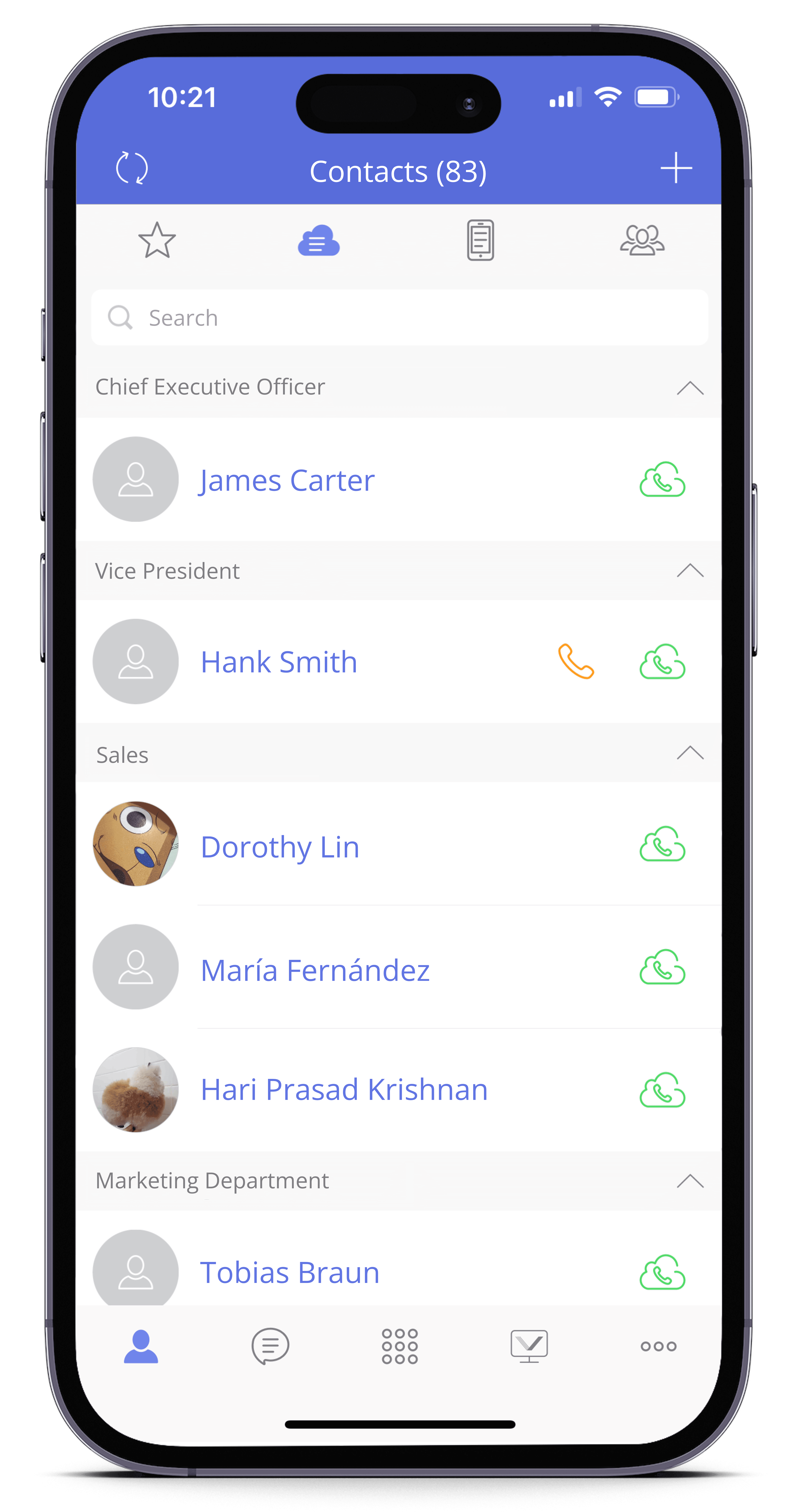 Smartphone interface displaying an auto-synced contact list organized by job titles, featuring automatic updates and hierarchical classification for efficient contact management.