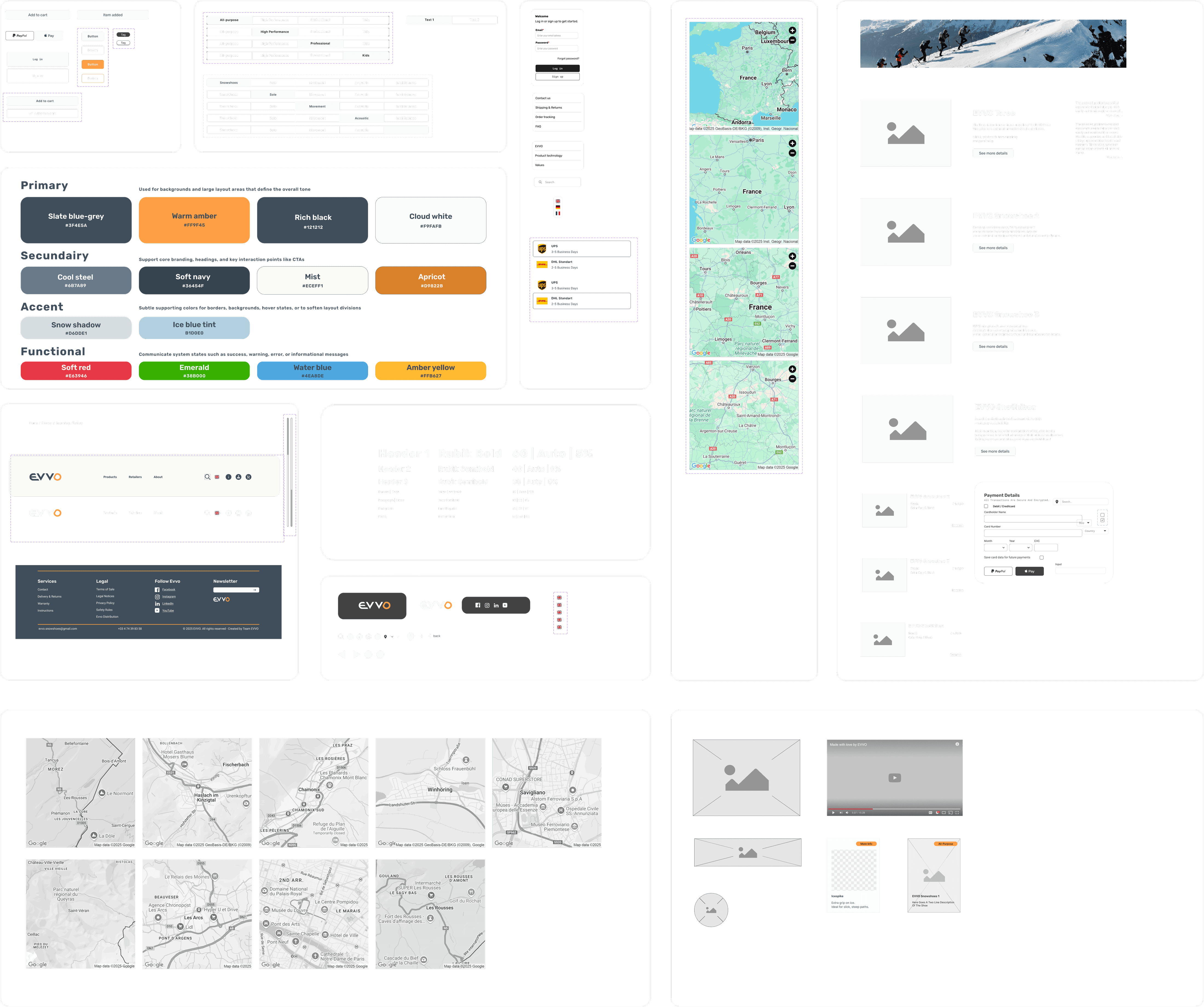 Set of components, including cards, navigation menus, maps, media placeholders and charts, designed as foundational building blocks for constructing the high-fidelity pages of the EVVO website. These modular UI elements support clarity, consistency, and scalable design across the product.