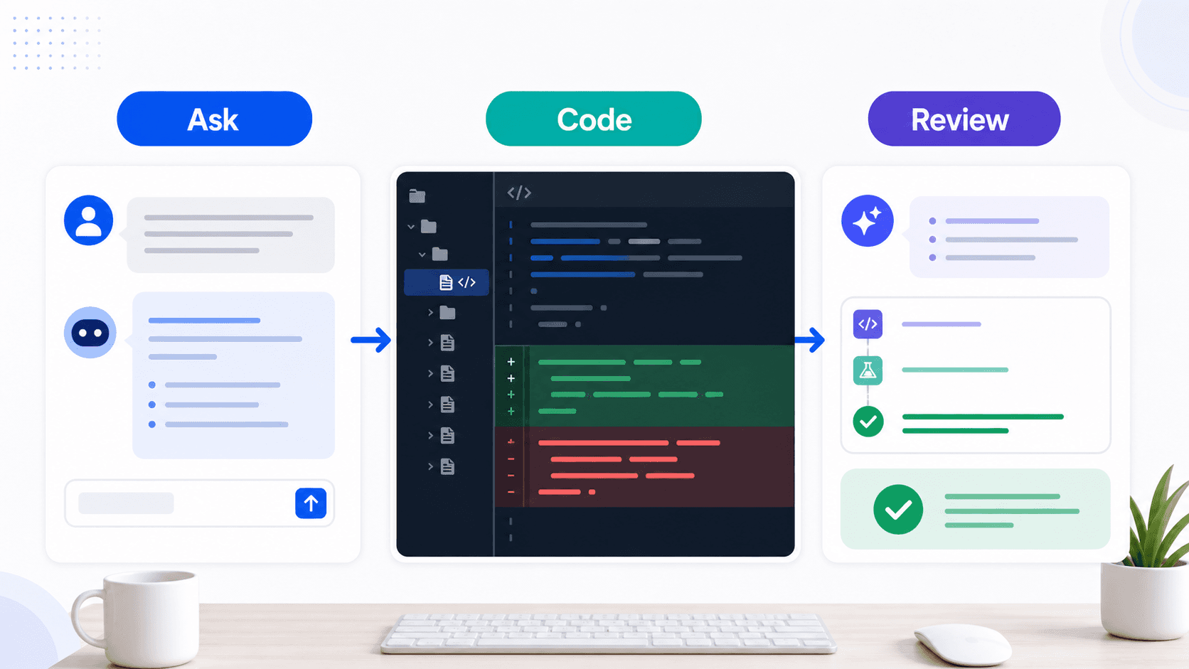 Cursor AI coding workflow showing ask, code, and review stages