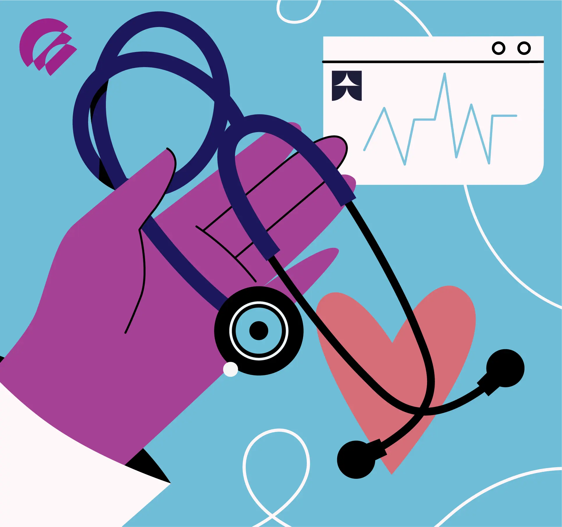 Illustration of a clinician's hand holding a stethoscope alongside a heart and ECG heart-rate monitor display, representing healthcare delivery and patient monitoring