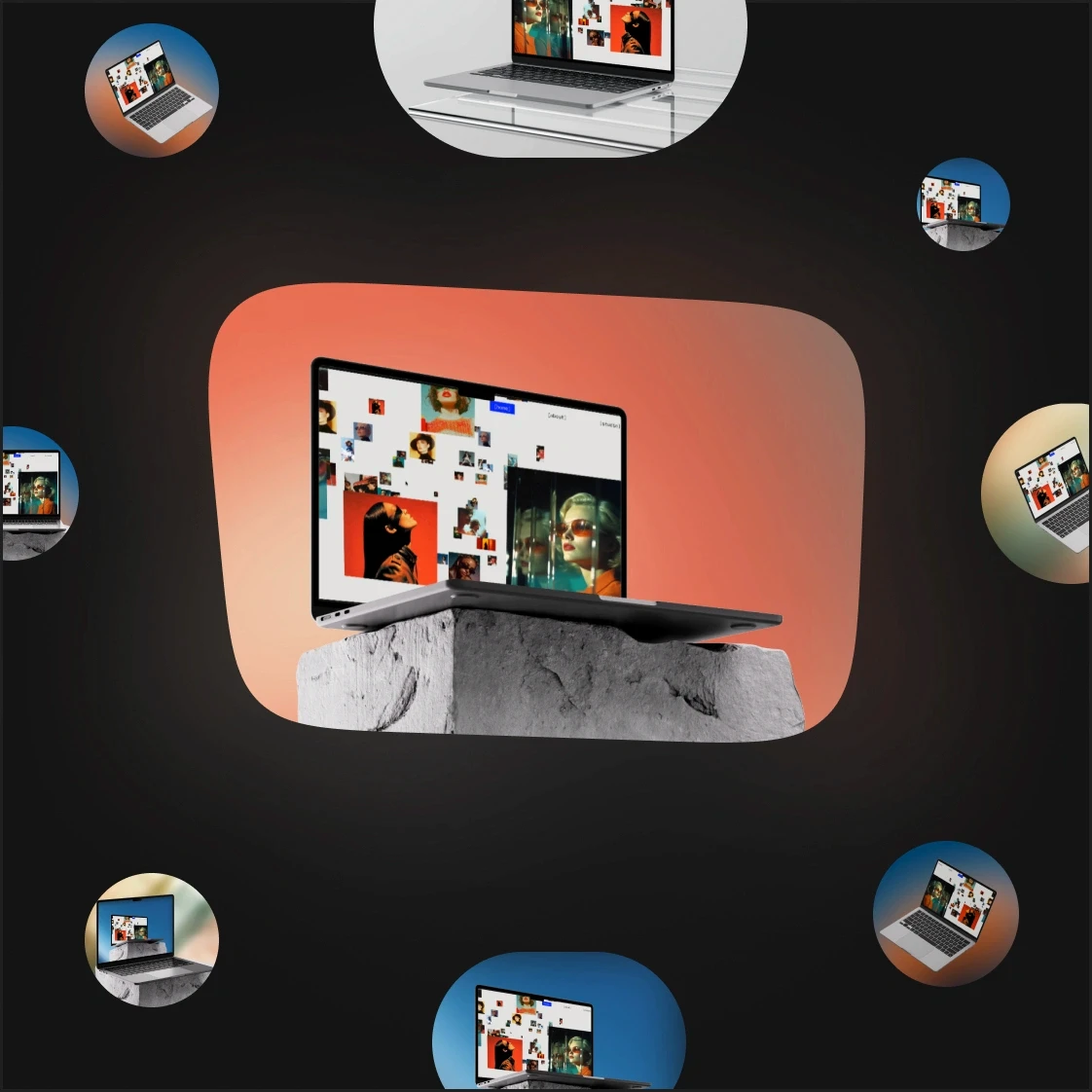 PreviewKit's device scene picker showing a MacBook mockup on a stone pedestal surrounded by other scene thumbnails