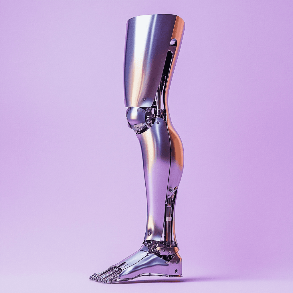 Futuristic metallic prosthetic leg with intricate mechanical details, displayed against a soft lavender background.