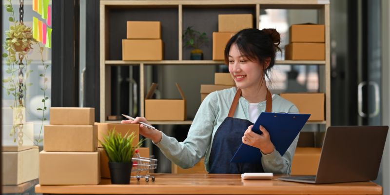 A Malaysian business owner managing inventory for her F&B/retail business