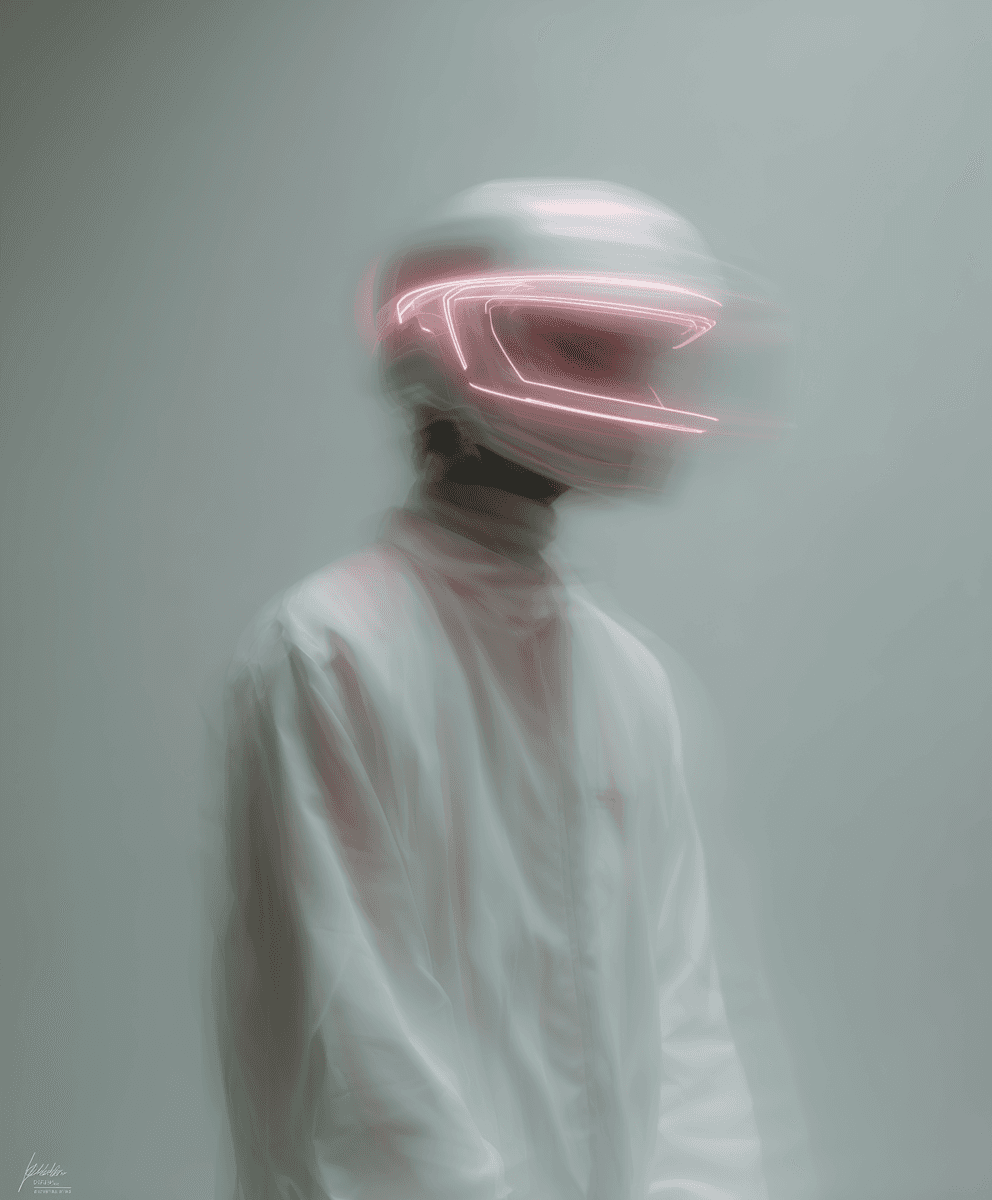 A blurred, cinematic motion shot of a person wearing a futuristic white helmet with glowing pink neon accents, creating a sense of high-speed digital movement.