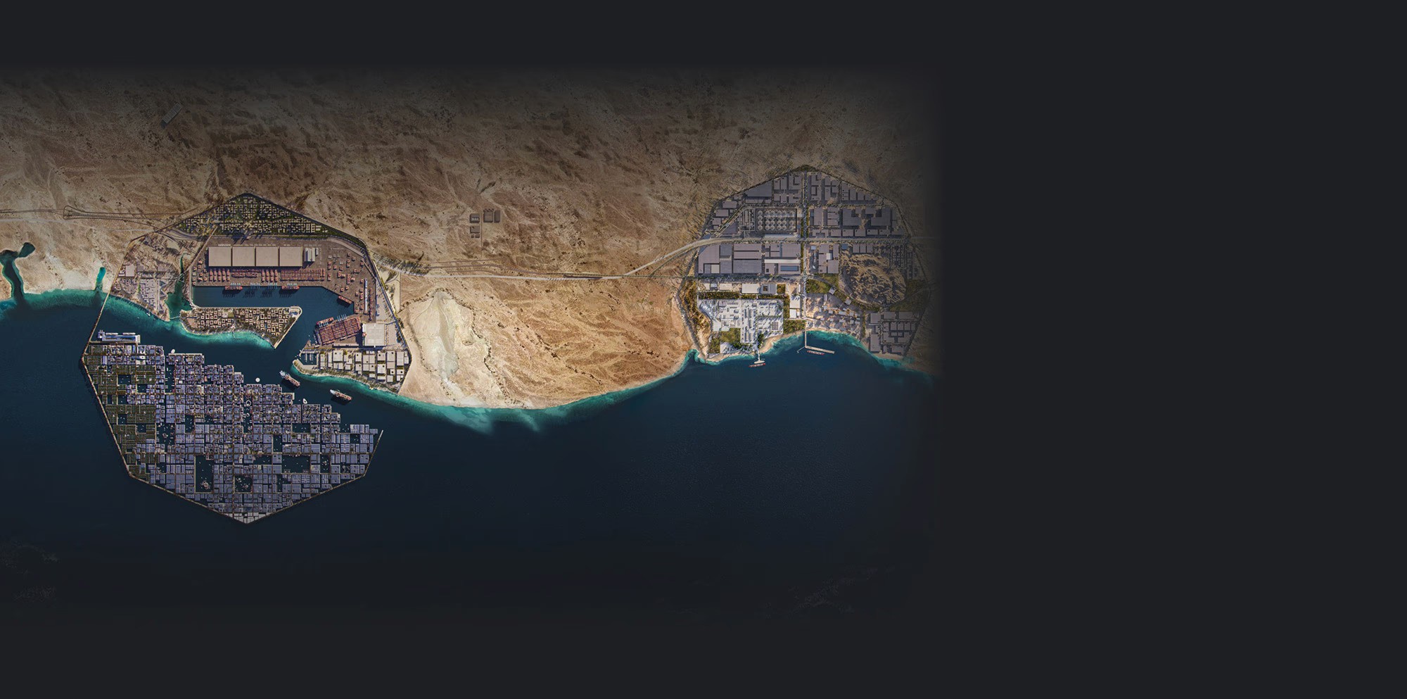 خريطة تفصيلية لمدينة أوكساجون نيوم توضح المخطط الثماني العائم في البحر الأحمر، مع تحديد دقيق لمناطق الخدمات اللوجستية، ومراكز الأبحاث، والمرافق المينائية، والأحياء السكنية المتطورة.