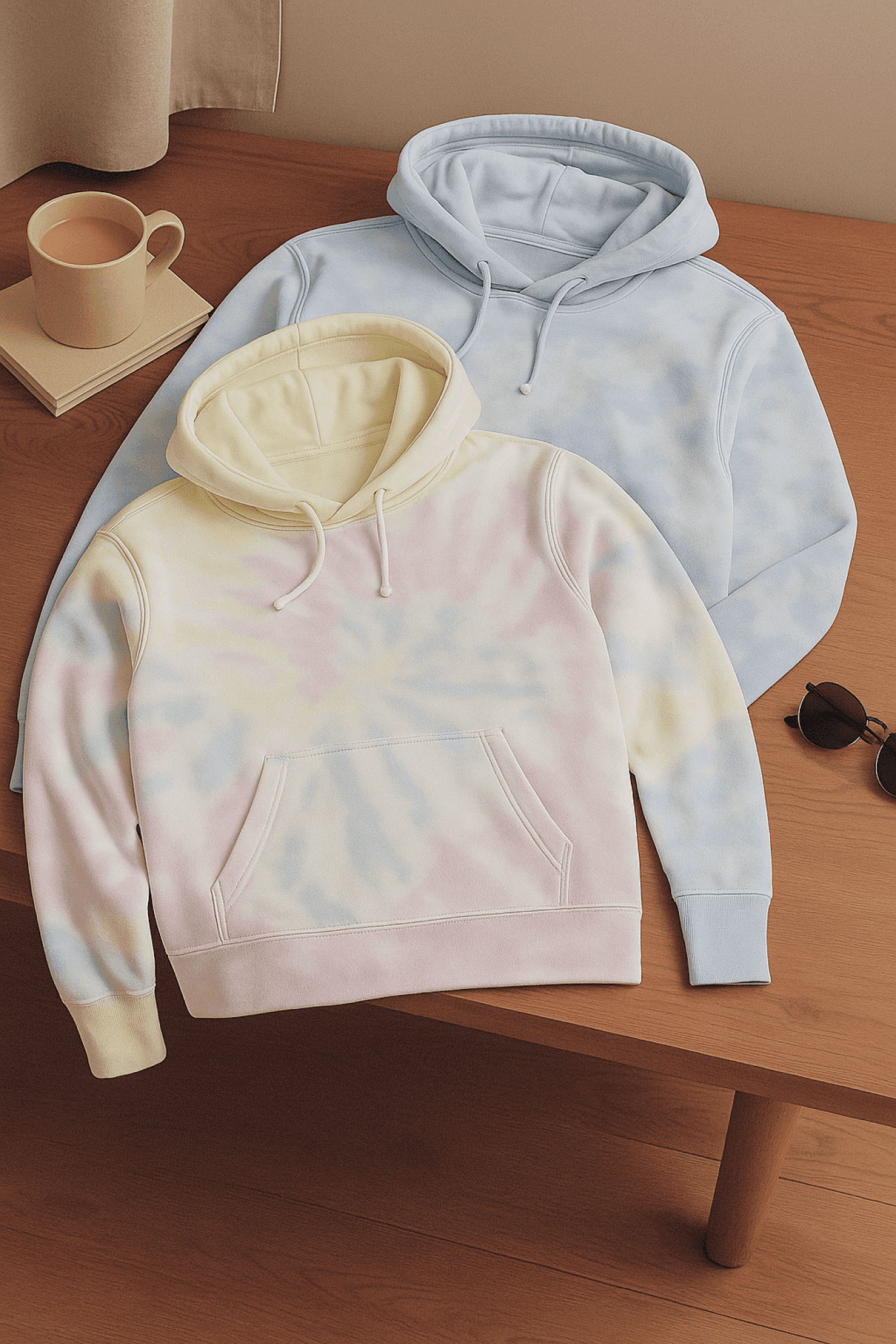 Two tie-dye hoodies in pastel colors. One is light blue and the other is yellow, pink and light blue.
