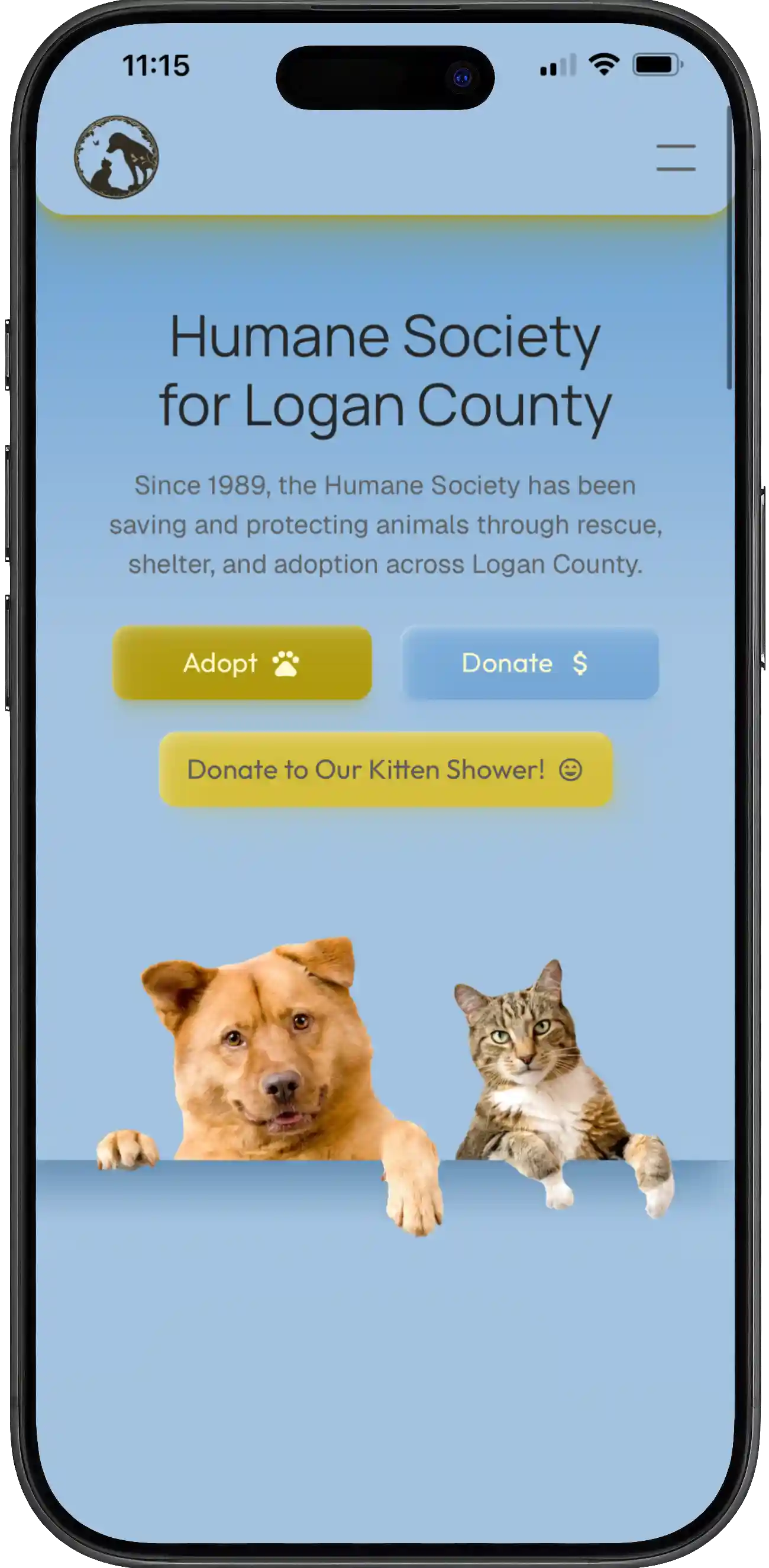 Mobile-friendly website mockup for Humane Society of Logan County in Russellville KY – pet adoption web design for Russellville and Bowling Green KY