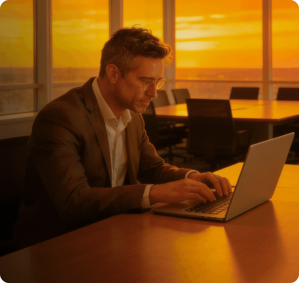 Homme en costard devant un pc