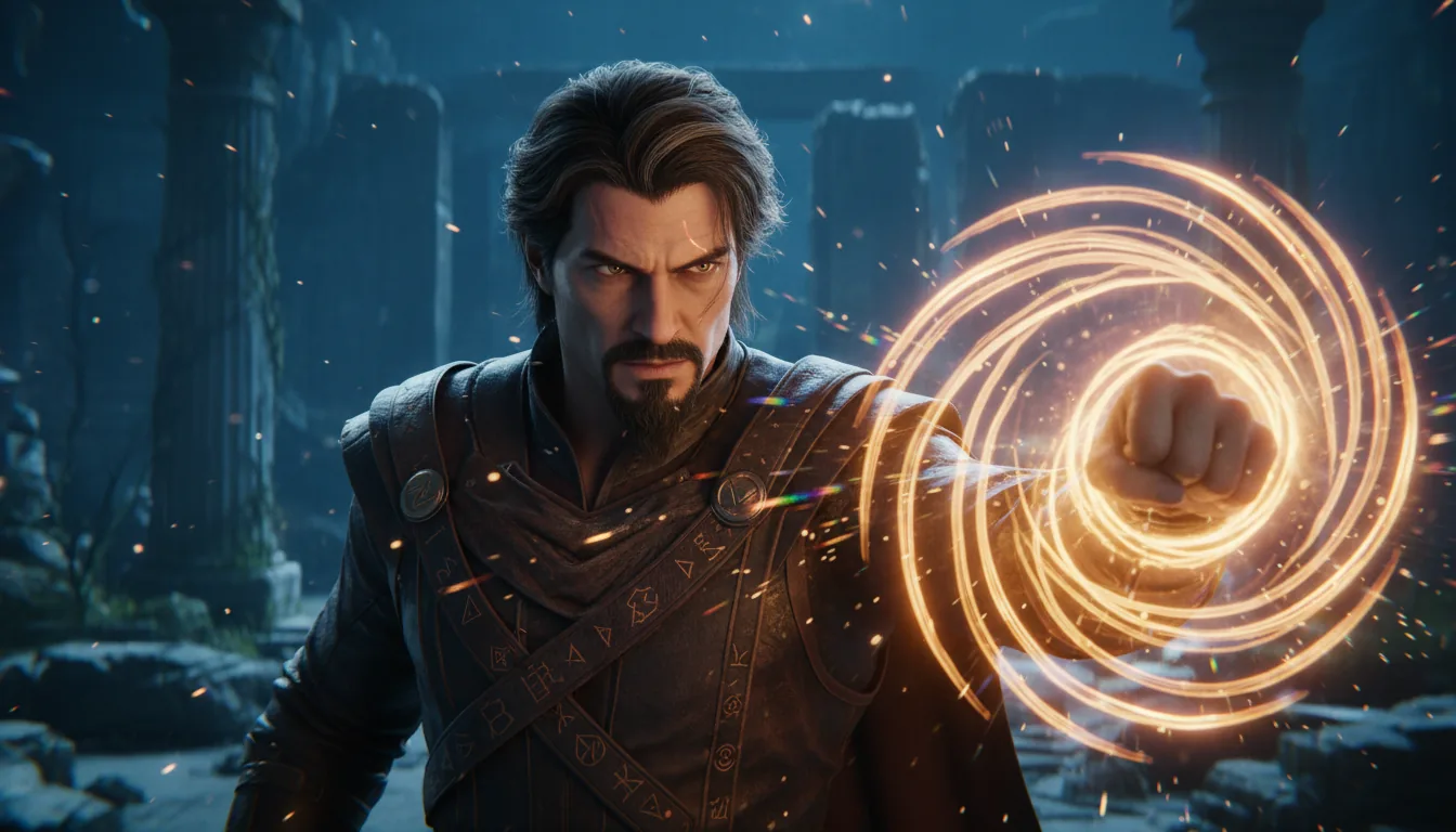 VFX cinematic still of a powerful sorcerer with dark hair, a goatee, and a grey streak at his temple, looking intensely at the camera as he casts a spell. His fist is thrust forward, encased in a shimmering, complex, crystalline geometric energy shield that refracts light with prismatic aberrations. The scene has dramatic cinematic contrast, with cool blue ambient tones and warm highlights from the magical effect. Photorealistic 3D render in the style of Autodesk Maya, shallow depth of field with floating atmospheric particles.