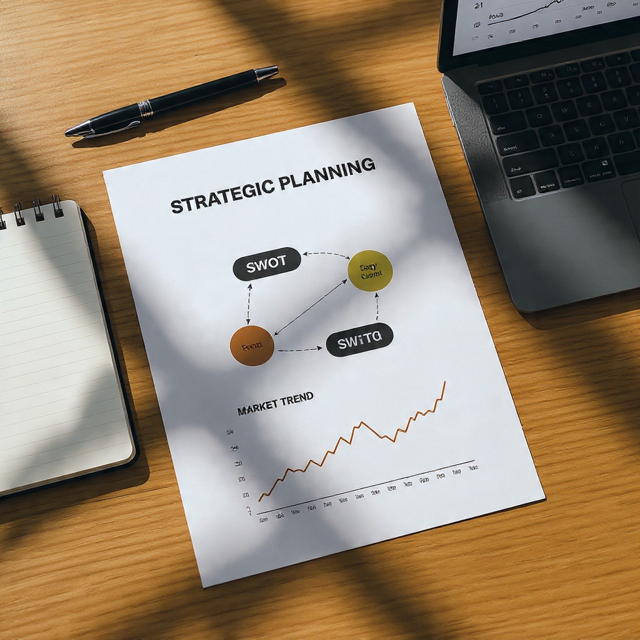 Strategic planning document on a desk with SWOT and market trend graph.