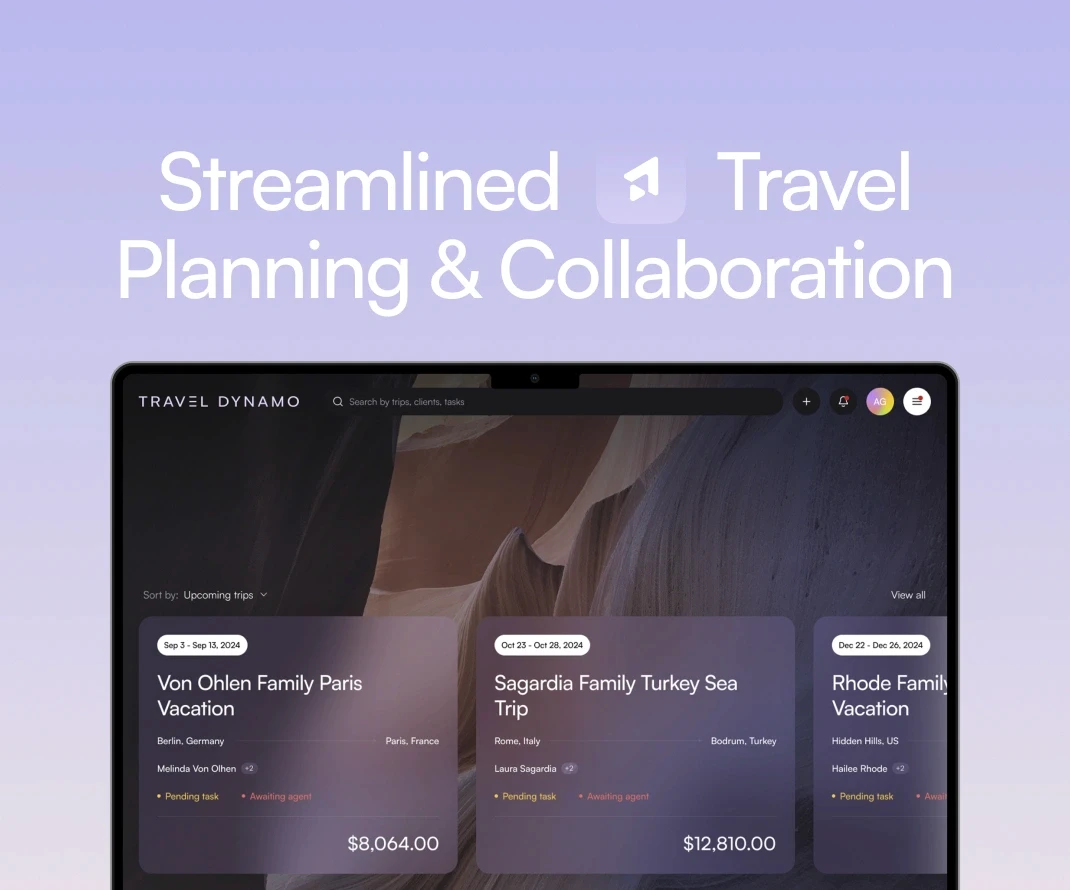 A promotional image for Travel Dynamo showcasing a laptop screen displaying travel plans. The background is a smooth gradient from light purple to lavender. The text at the top reads "Streamlined Travel Planning & Collaboration" in bold white font. The laptop screen displays the Travel Dynamo interface with trip details for different family vacations, including dates, destinations, and costs. The interface shows various planned trips like "Von Ohlen Family Paris Vacation" and "Sagardia Family Turkey Sea Trip," each with pending tasks and awaiting agent status.