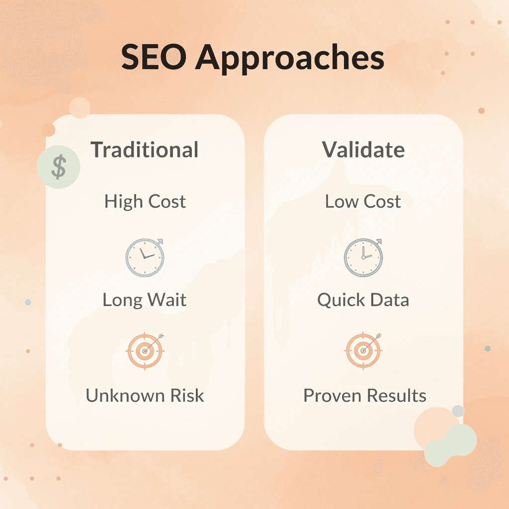 Comparison chart showing traditional SEO approach versus validation program